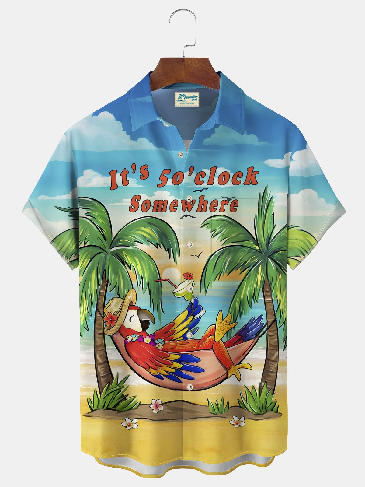 Royaura® Beach Vacation Men's Hawaiian Shirt Coconut Tree Parrot Print Pocket Camping Shirt Big Tall