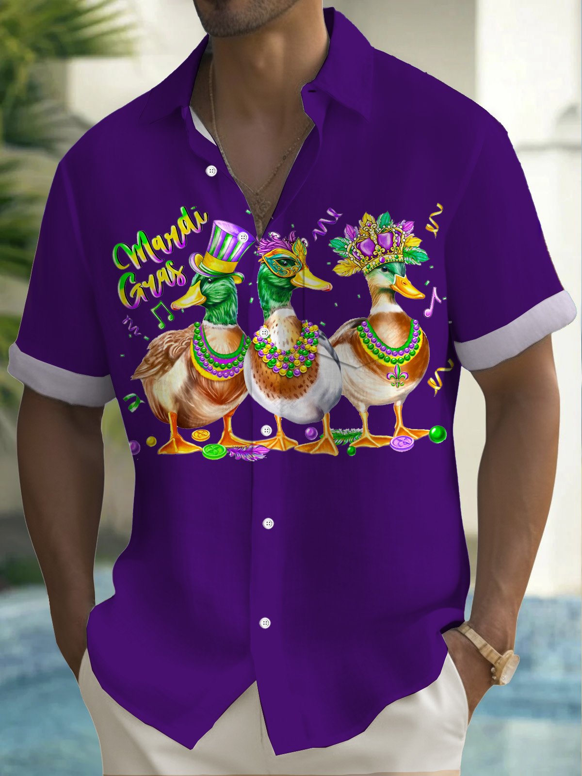 Royaura® Mardi Gras Duck Mask Print Men's Button Pocket Short Sleeve Shirt Big & Tall