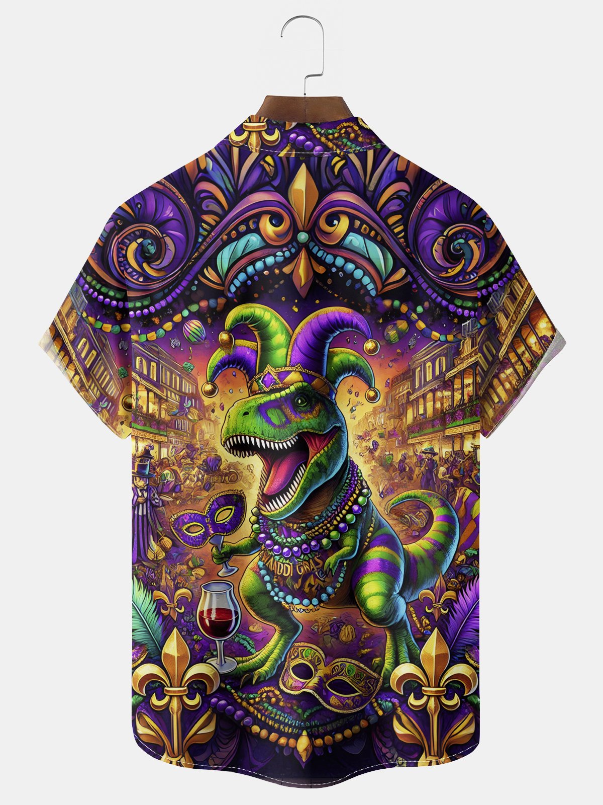 Royaura® Mardi Gras Dinosaur Print Men's Chest Pocket Stretch Hawaiian Shirt Big Tall