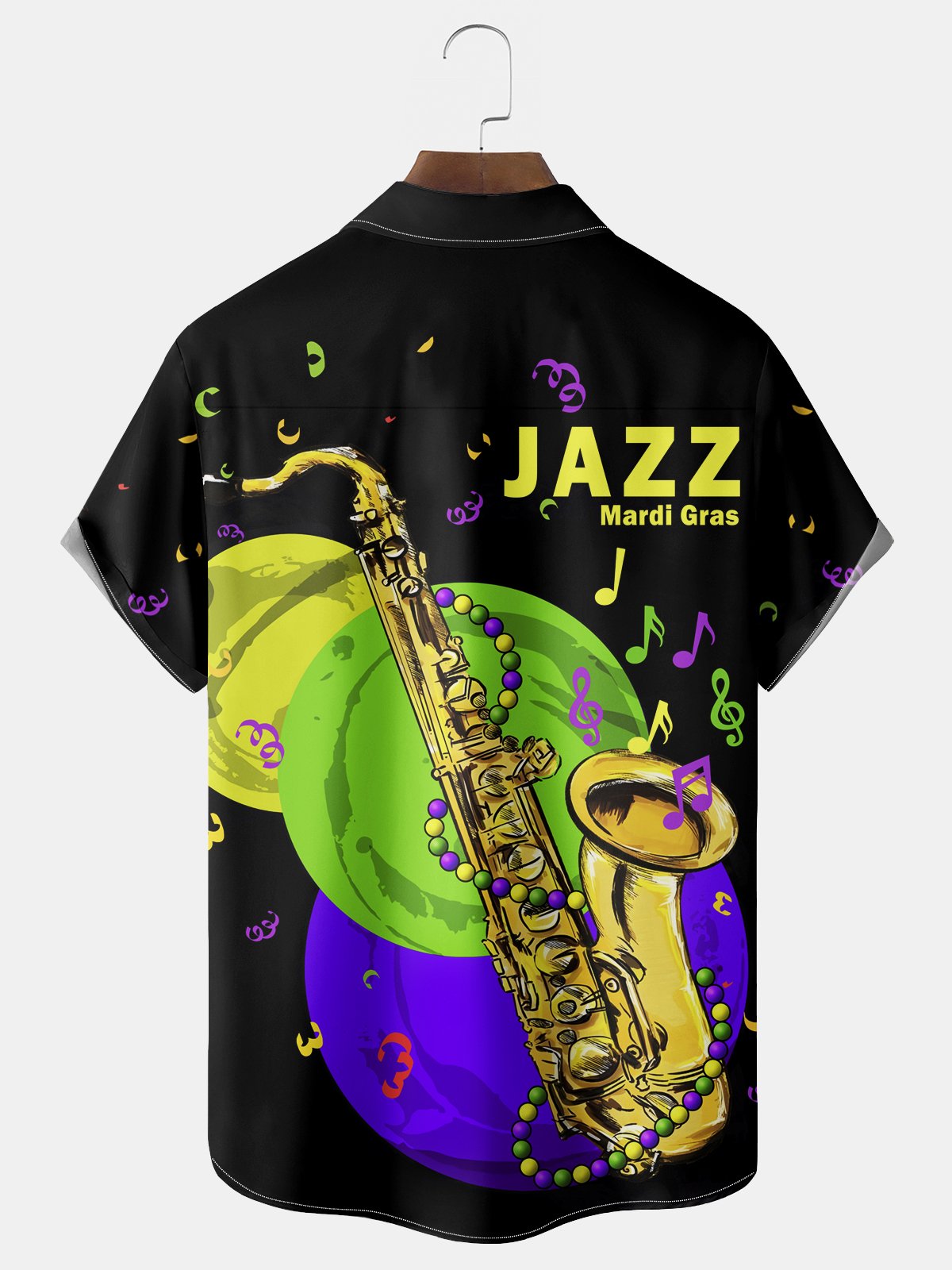 Royaura® Mardi Gras Music Saxophone Print Men's Chest Pocket Stretch Hawaiian Shirt Big Tall