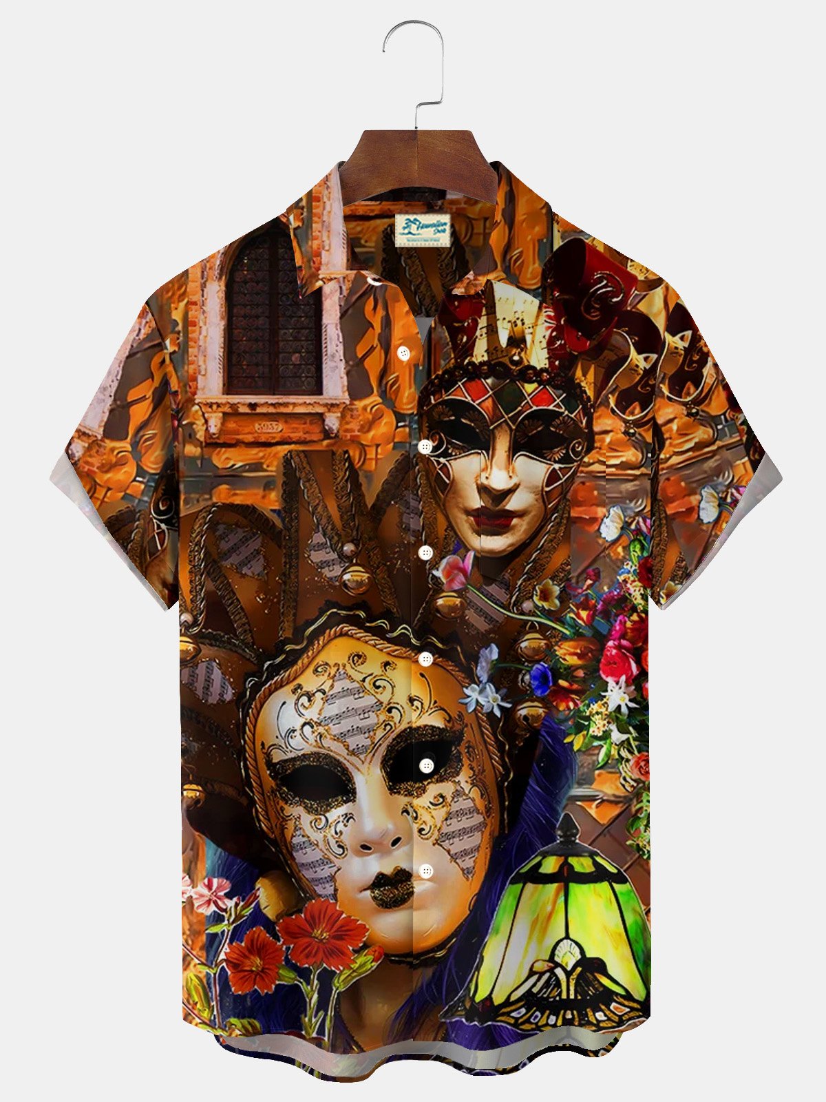 Royaura® Mardi Gras Witch Mask Print Men's Button Pocket Short Sleeve Shirt Big & Tall