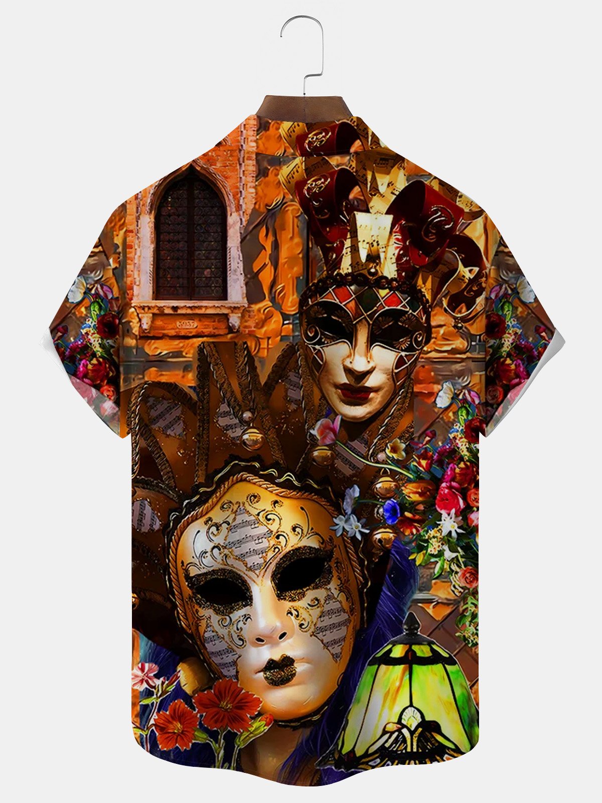 Royaura® Mardi Gras Witch Mask Print Men's Button Pocket Short Sleeve Shirt Big & Tall