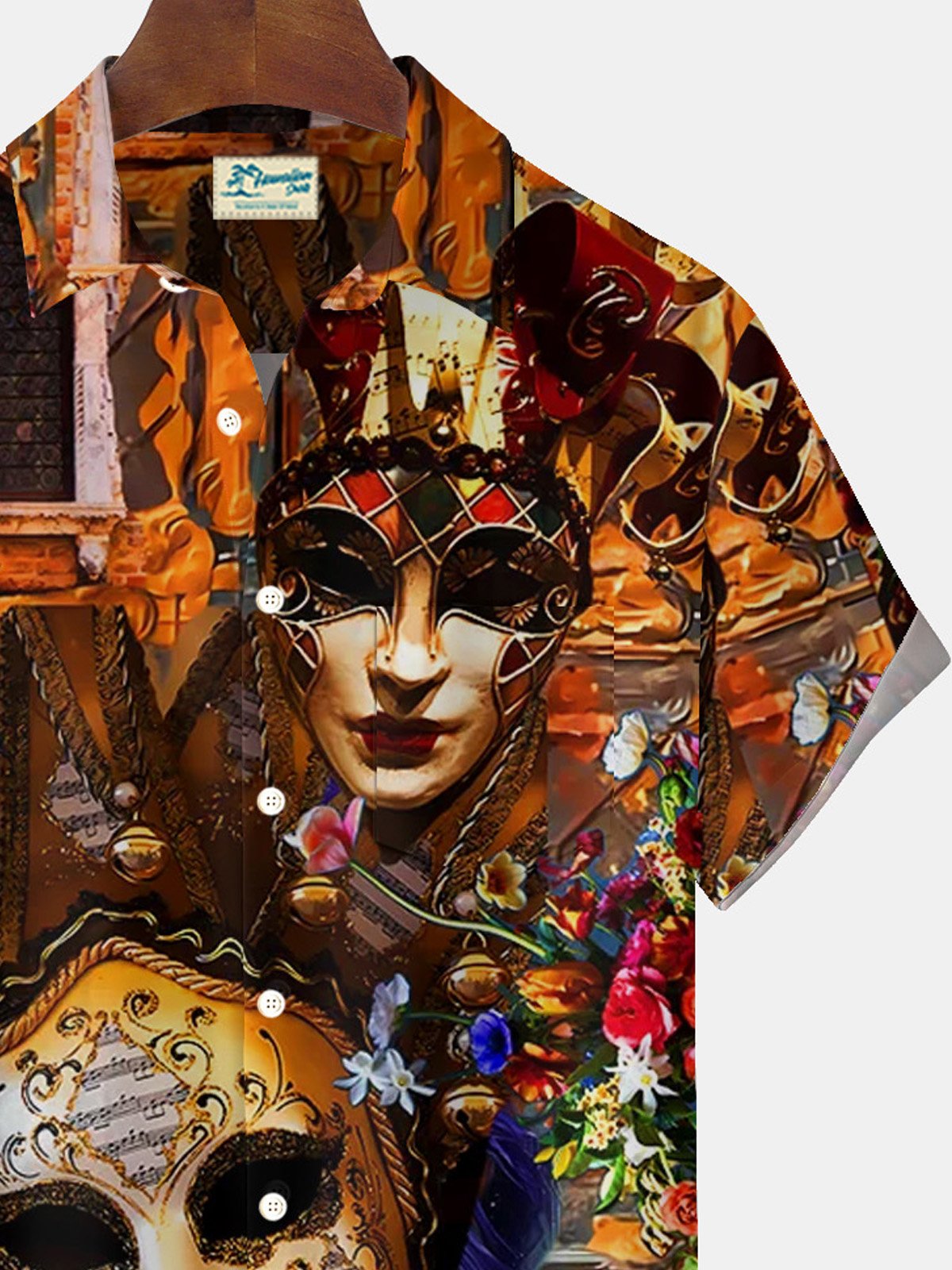 Royaura® Mardi Gras Witch Mask Print Men's Button Pocket Short Sleeve Shirt Big & Tall