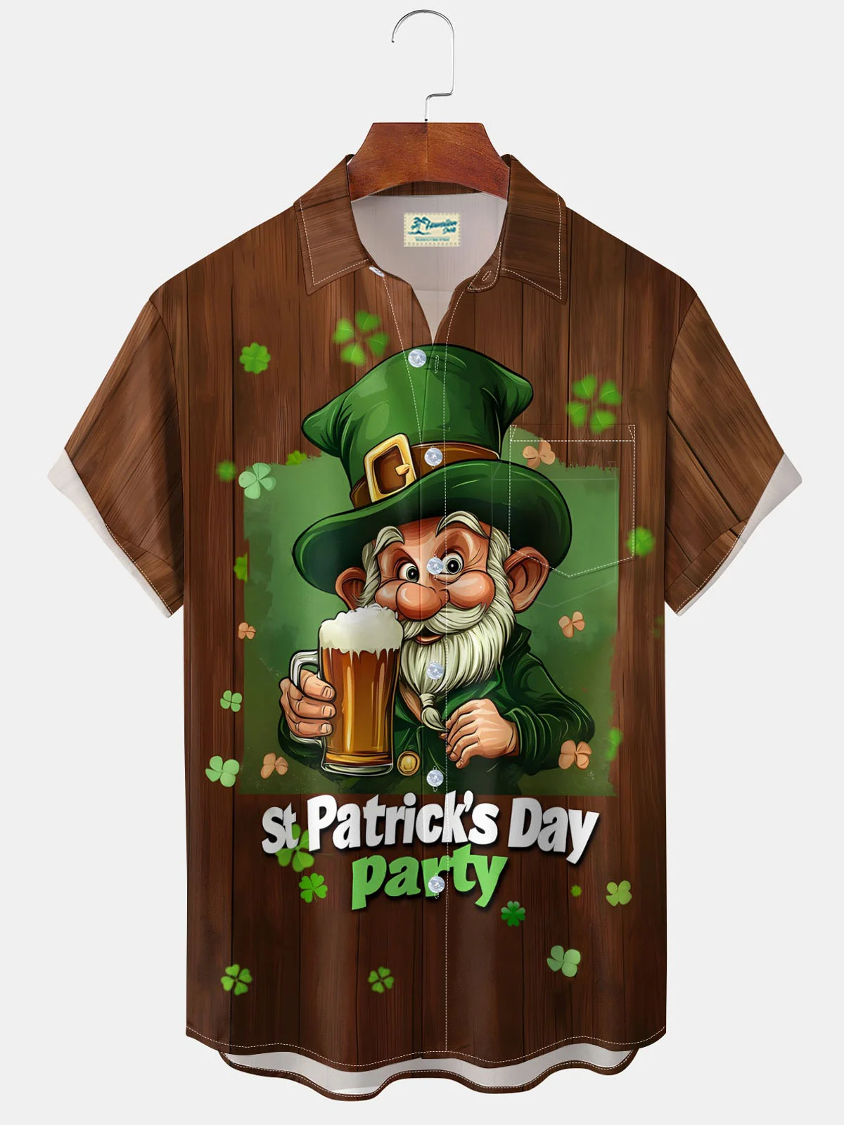 Royaura®  Festive St. Patrick's Four Leaf Clover Button Pocket Short Sleeve Shirt Big & Tall