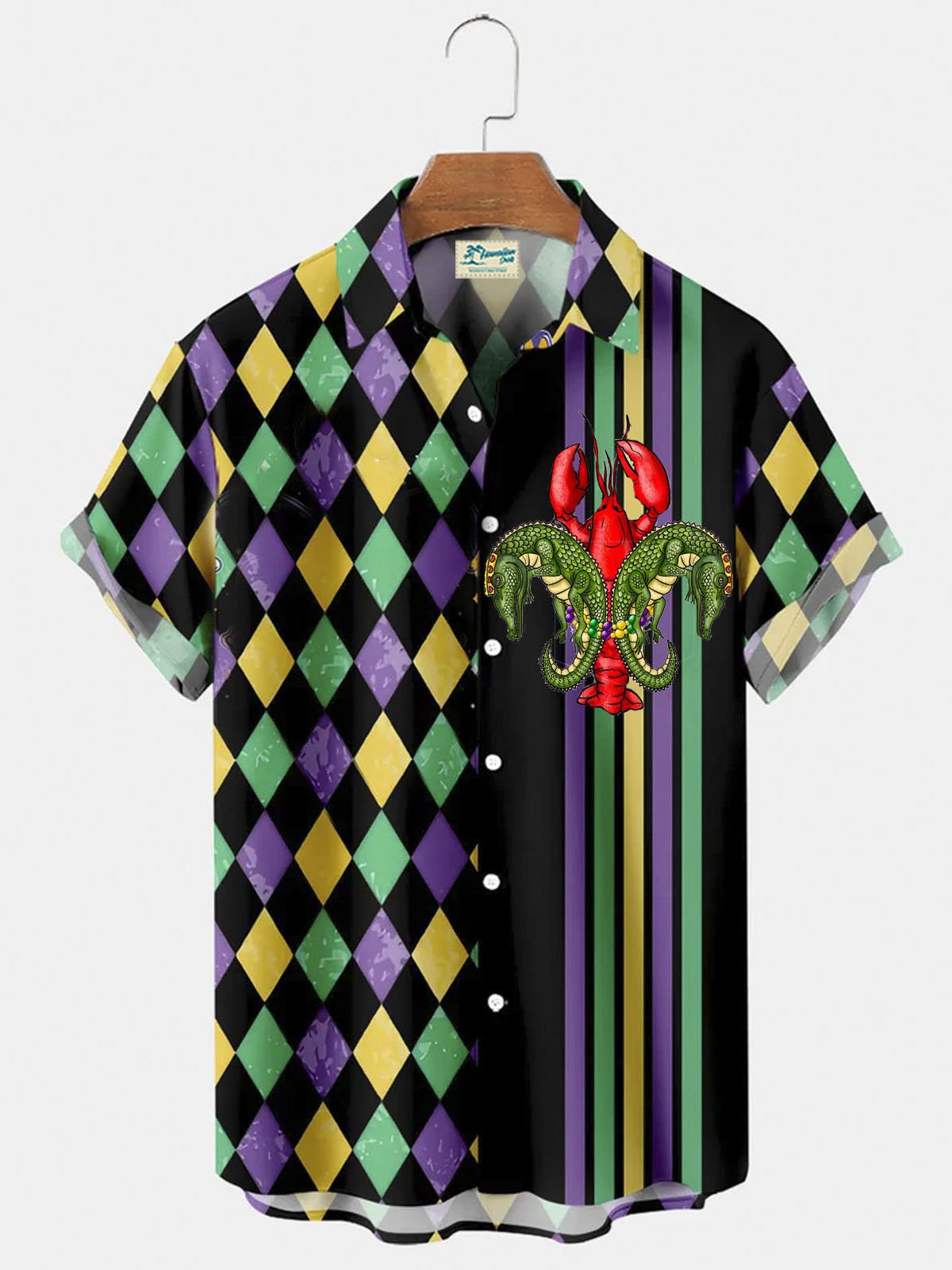 Royaura®  Happy Carnival geometric patchwork lobster and Alligator button pocket short sleeve shirt Big & Tall