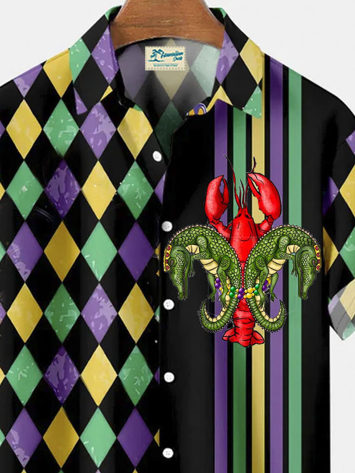 Royaura®  Happy Carnival geometric patchwork lobster and Alligator button pocket short sleeve shirt Big & Tall