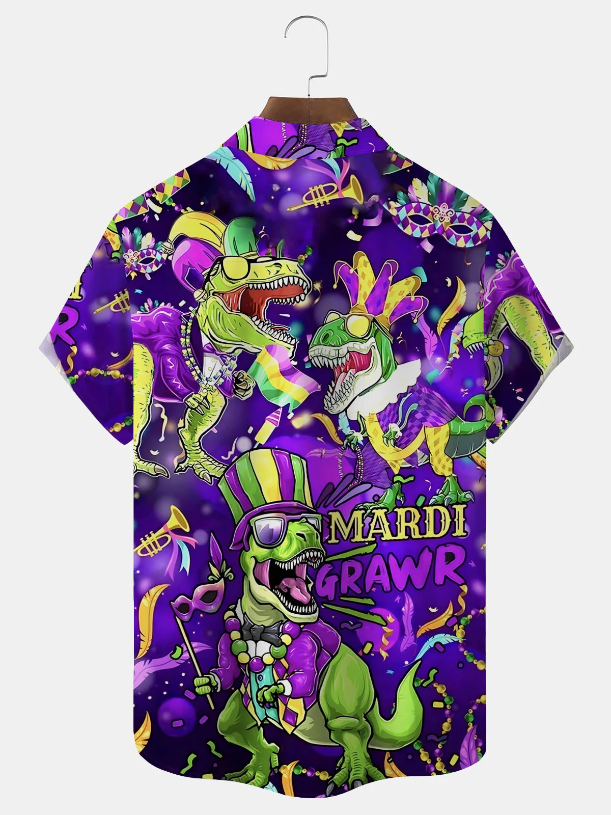 Royaura Holiday Mardi Gras Men's Hawaiian Shirt Dinosaur Cartoon Stretch Oversized Button Shirts