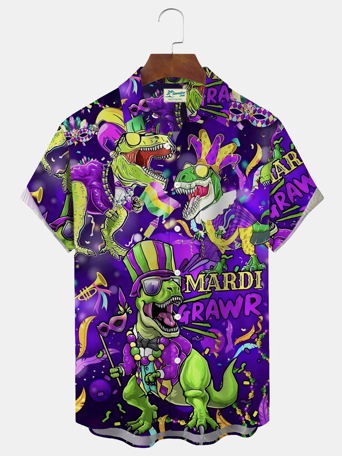 Royaura Holiday Mardi Gras Men's Hawaiian Shirt Dinosaur Cartoon Stretch Oversized Button Shirts