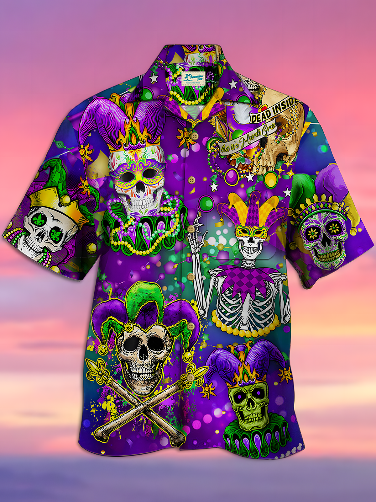 Royaura Holiday Casual Mardi Gras Men's Hawaiian Shirts Skull Art Stretch Oversized Aloha Shirts