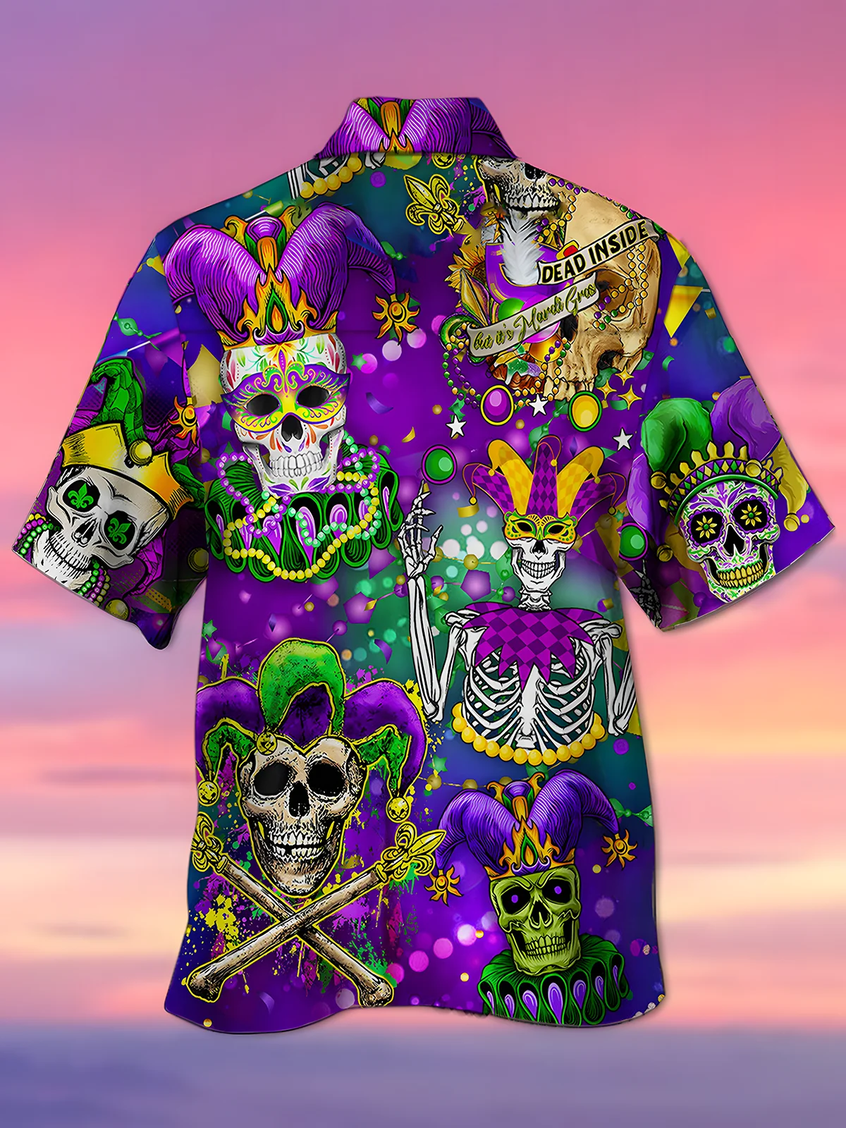 Royaura Holiday Casual Mardi Gras Men's Hawaiian Shirts Skull Art Stretch Oversized Aloha Shirts