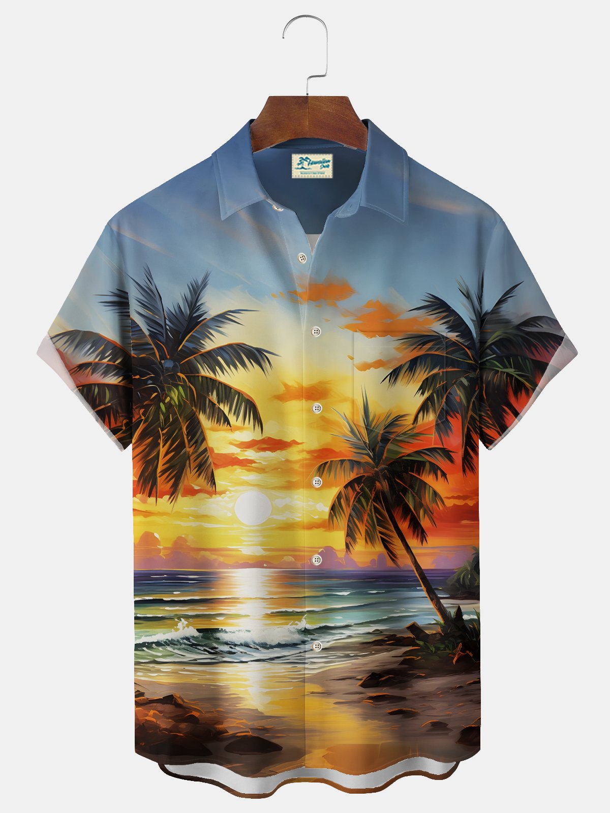 Royaura® Beach Vacation Men's Hawaiian Shirt Sunset Beach Coconut Tree Print Pocket Camping Shirt Big Tall