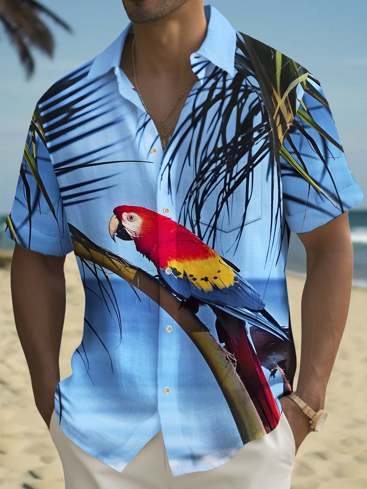 Royaura® Beach Vacation Men's Hawaiian Shirt Parrot Coconut Tree Print Pocket Camping Shirt Big Tall