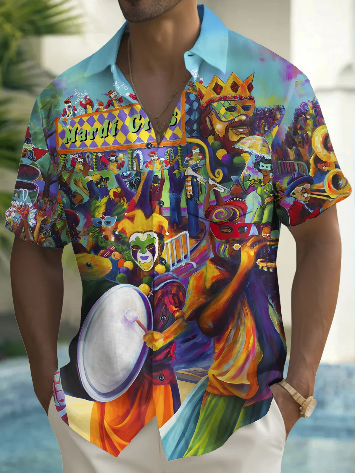 Royaura® Mardi Gras Cartoon Print Men's Chest Pocket Stretch Hawaiian Shirt Big Tall