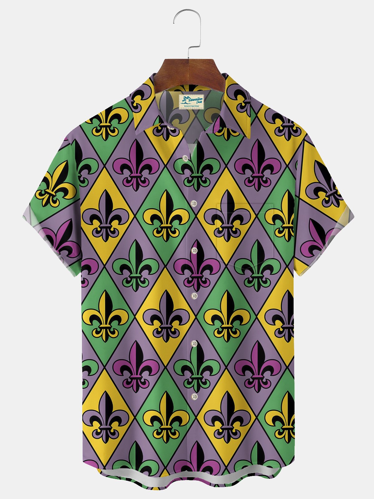 Royaura® Mardi Gras Geometry Fleur De Lis Print Men's Chest Pocket Stretch Hawaiian Shirt Big Tall