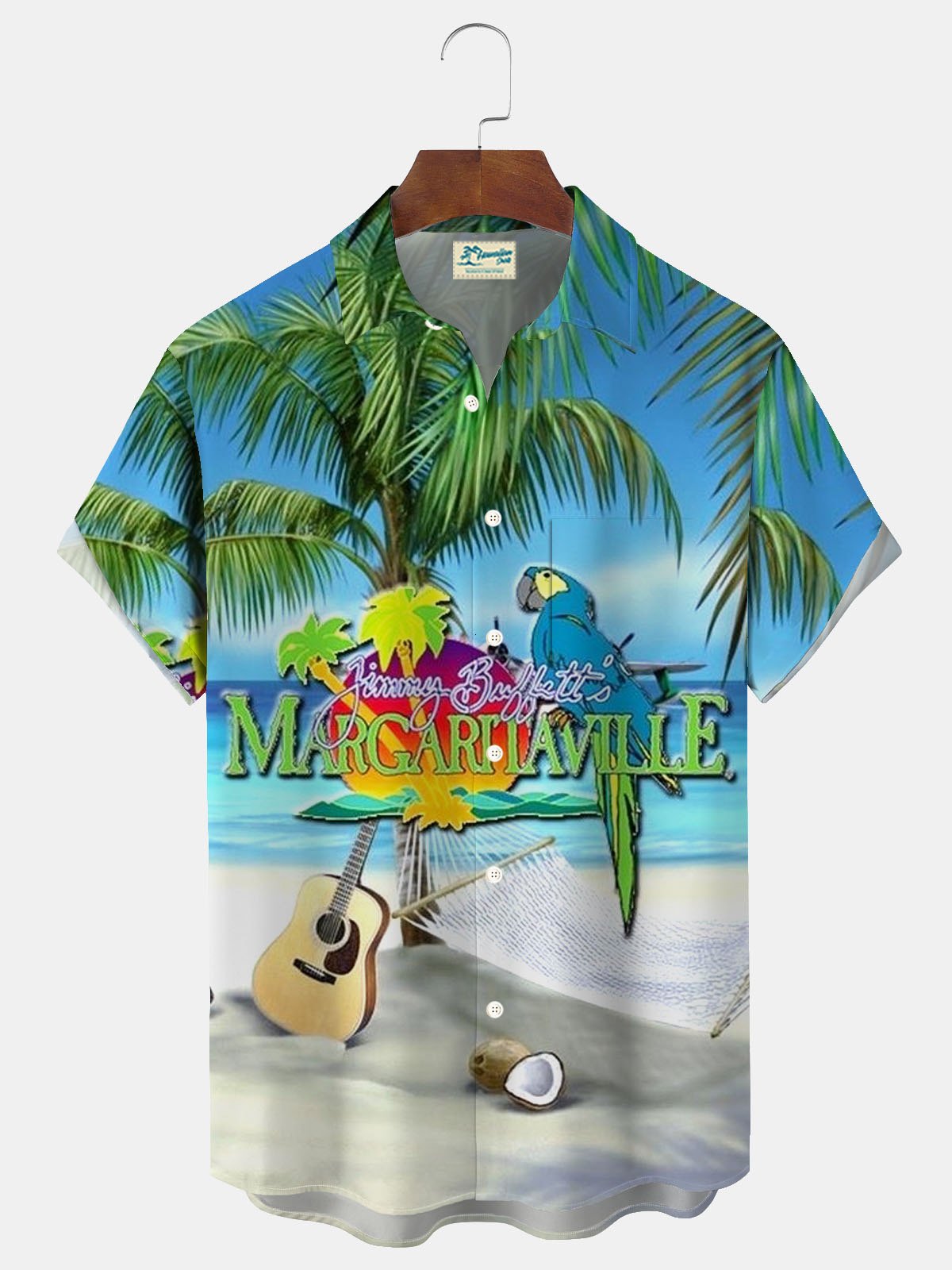 Royaura® Parrot Guitar Print Men's Button Pocket Short Sleeve Lapel Hawaiian Shirt