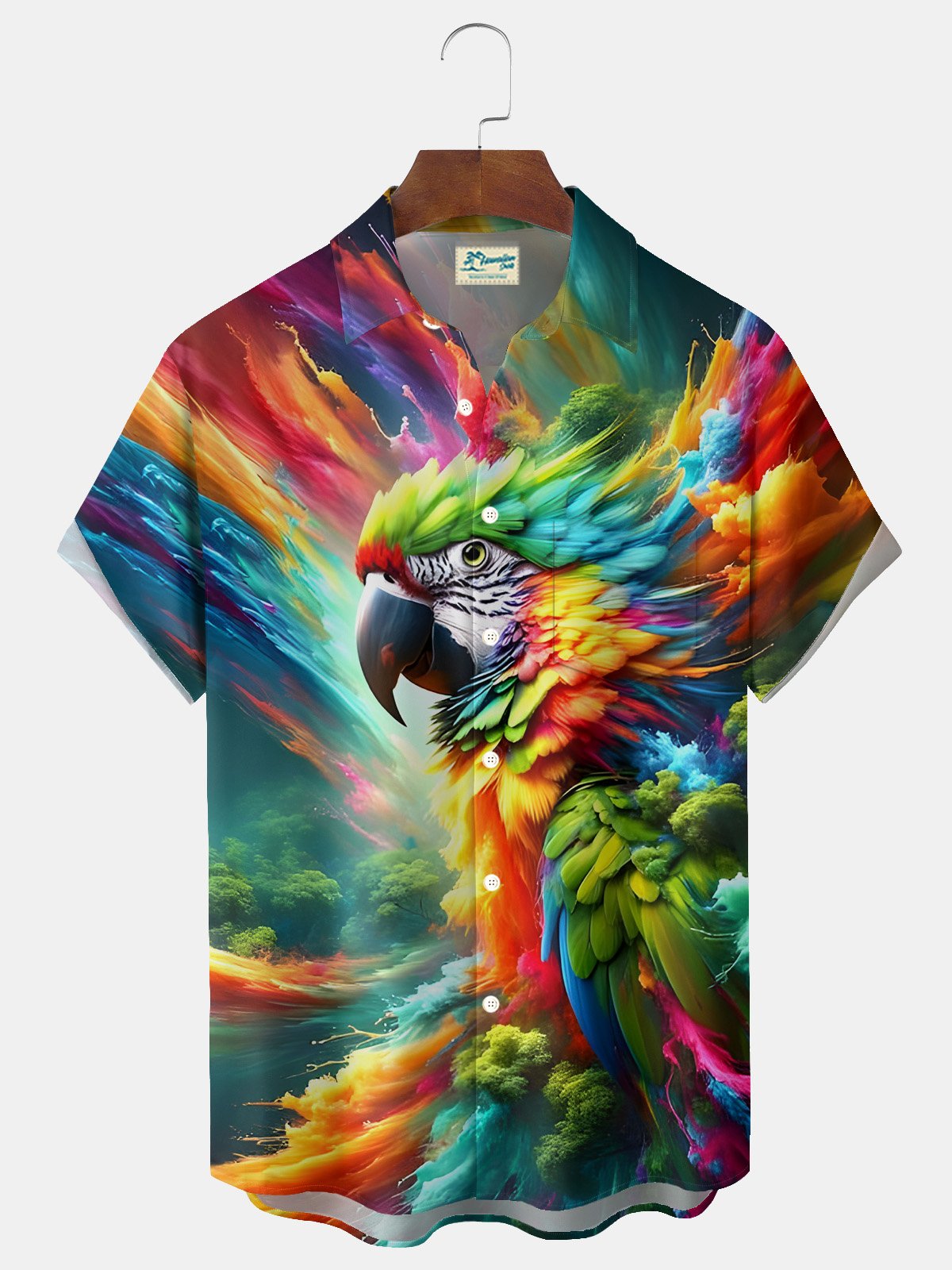 Royaura® Hawaiian Parrot Art Abstract 3D Print Men's Button Pocket Short Sleeve Shirt Big & Tall