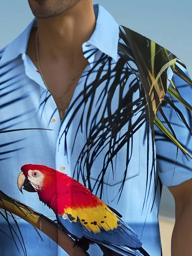 Royaura® Beach Vacation Men's Hawaiian Shirt Parrot Coconut Tree Print Pocket Camping Shirt Big Tall