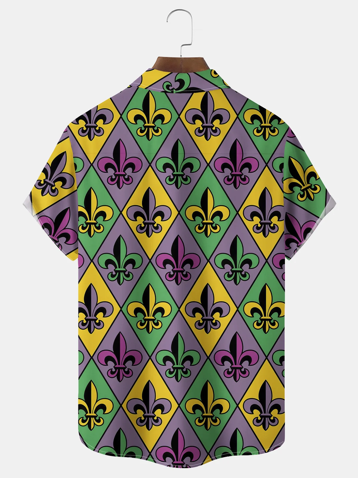 Royaura® Mardi Gras Geometry Fleur De Lis Print Men's Chest Pocket Stretch Hawaiian Shirt Big Tall