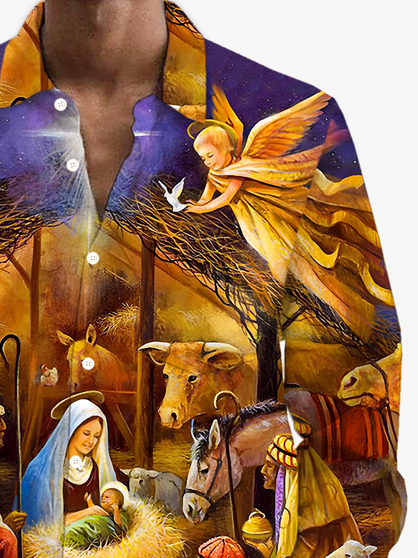 Royaura® Vintage Nativity Print Men's Button Pocket Long Sleeve Shirt Big & Tall