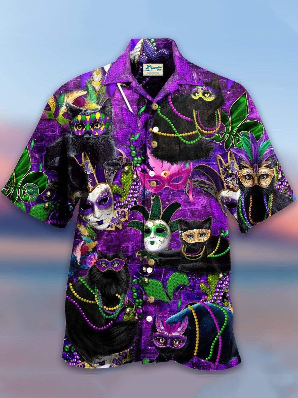 Royaura® Mardi Gras Cat Mask Print Men's Button Pocket Short Sleeve Shirt Big & Tall