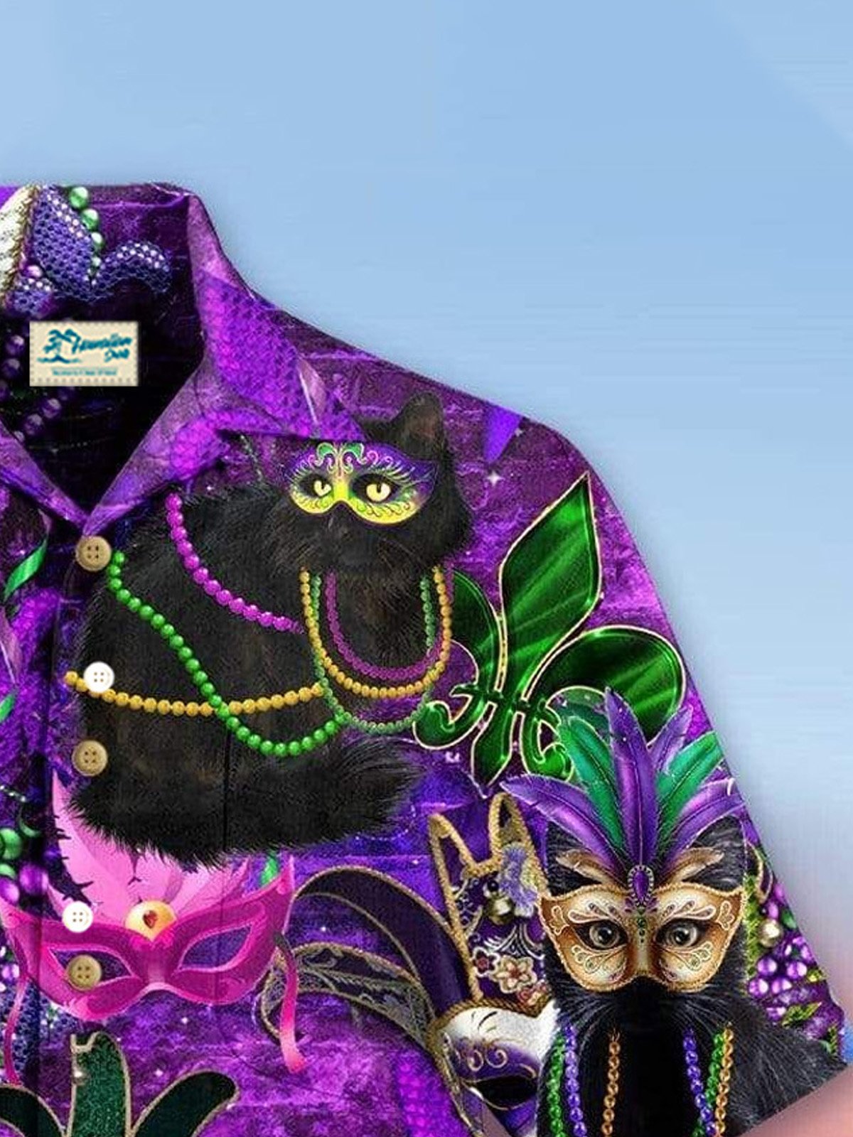 Royaura® Mardi Gras Cat Mask Print Men's Button Pocket Short Sleeve Shirt Big & Tall