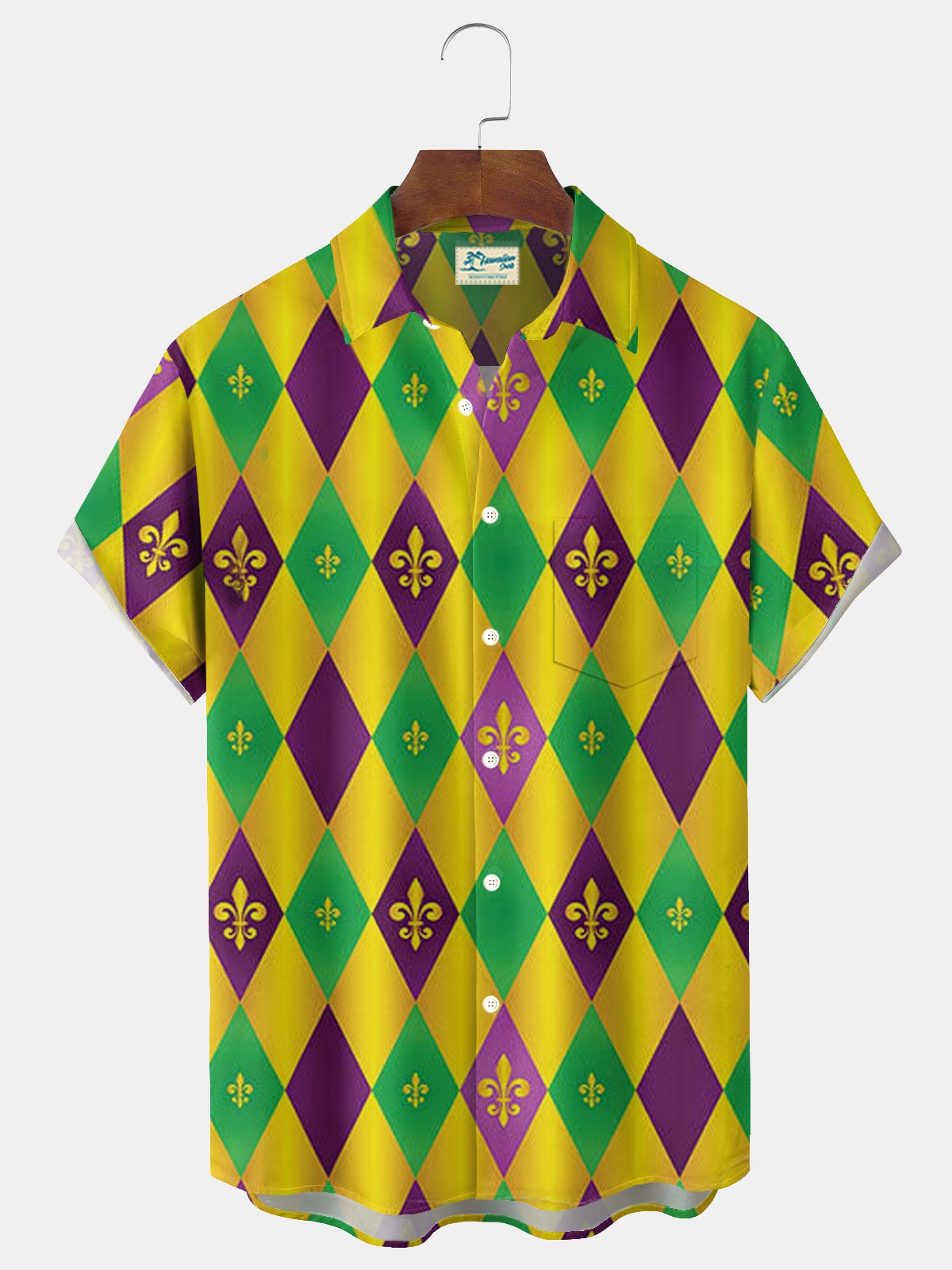 Royaura® Mardi Gras Diamond Print Men's Button Pocket Short Sleeve Shirt Big & Tall