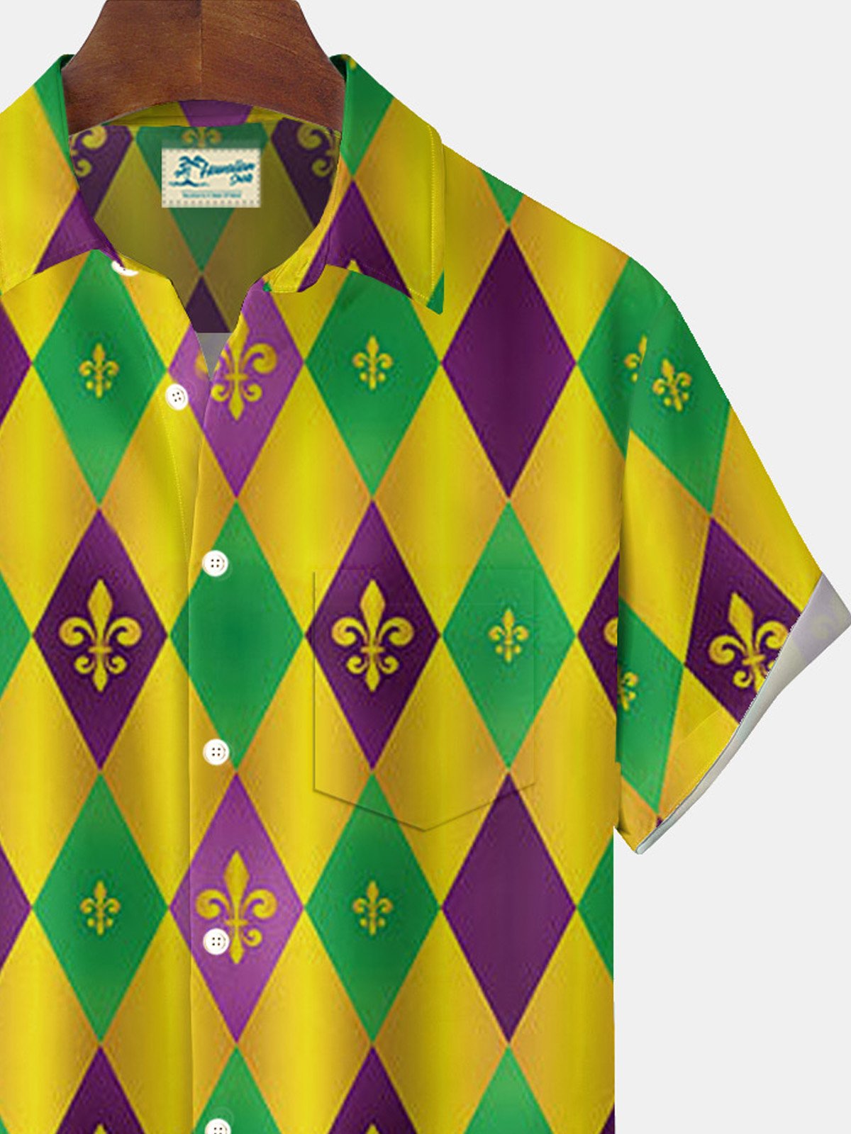 Royaura® Mardi Gras Diamond Print Men's Button Pocket Short Sleeve Shirt Big & Tall