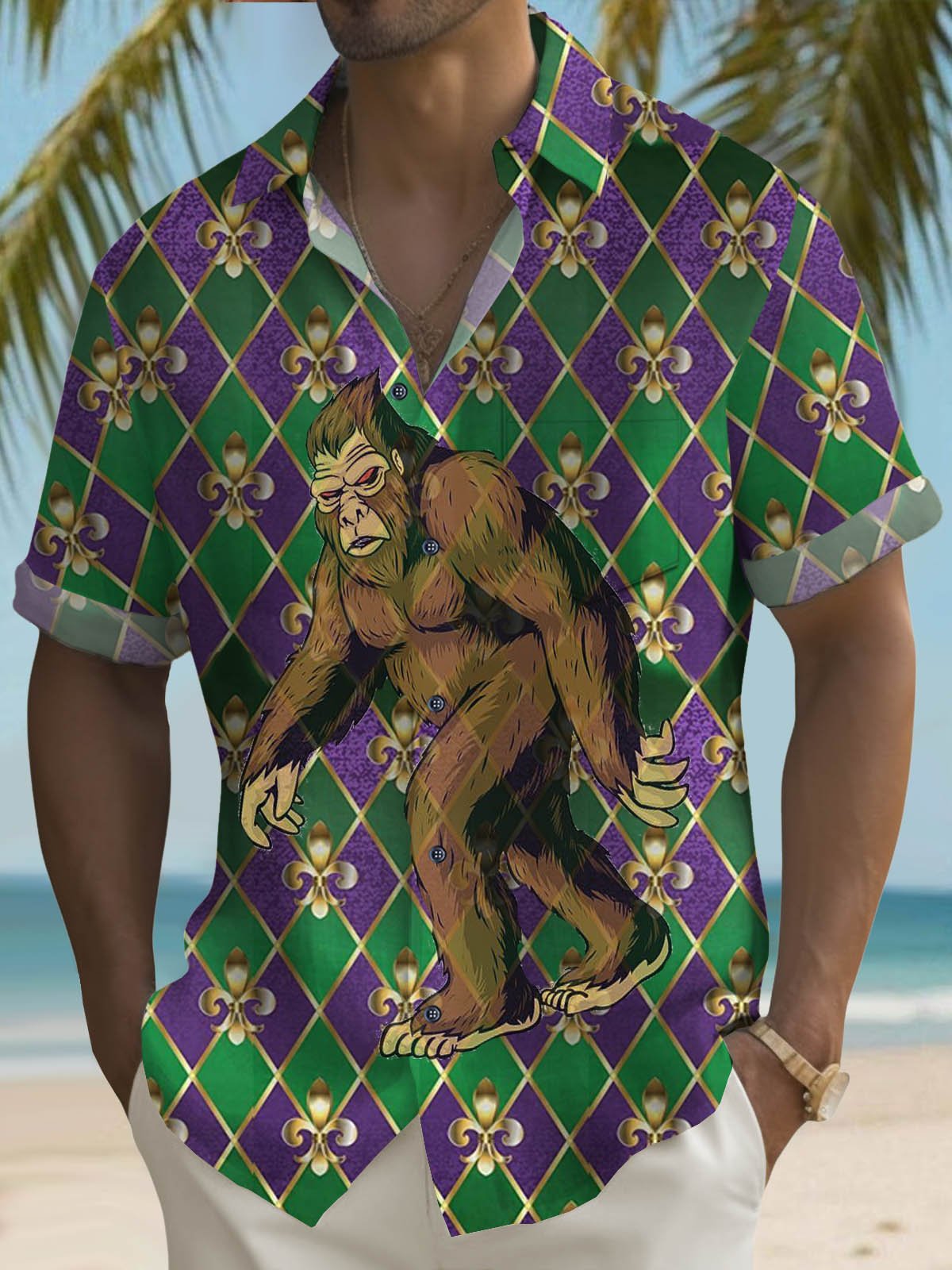 Royaura®  Mardi Gras Fleur De Lis Graphic Bigfoot Button Pocket Short Sleeve Shirt Big & Tall