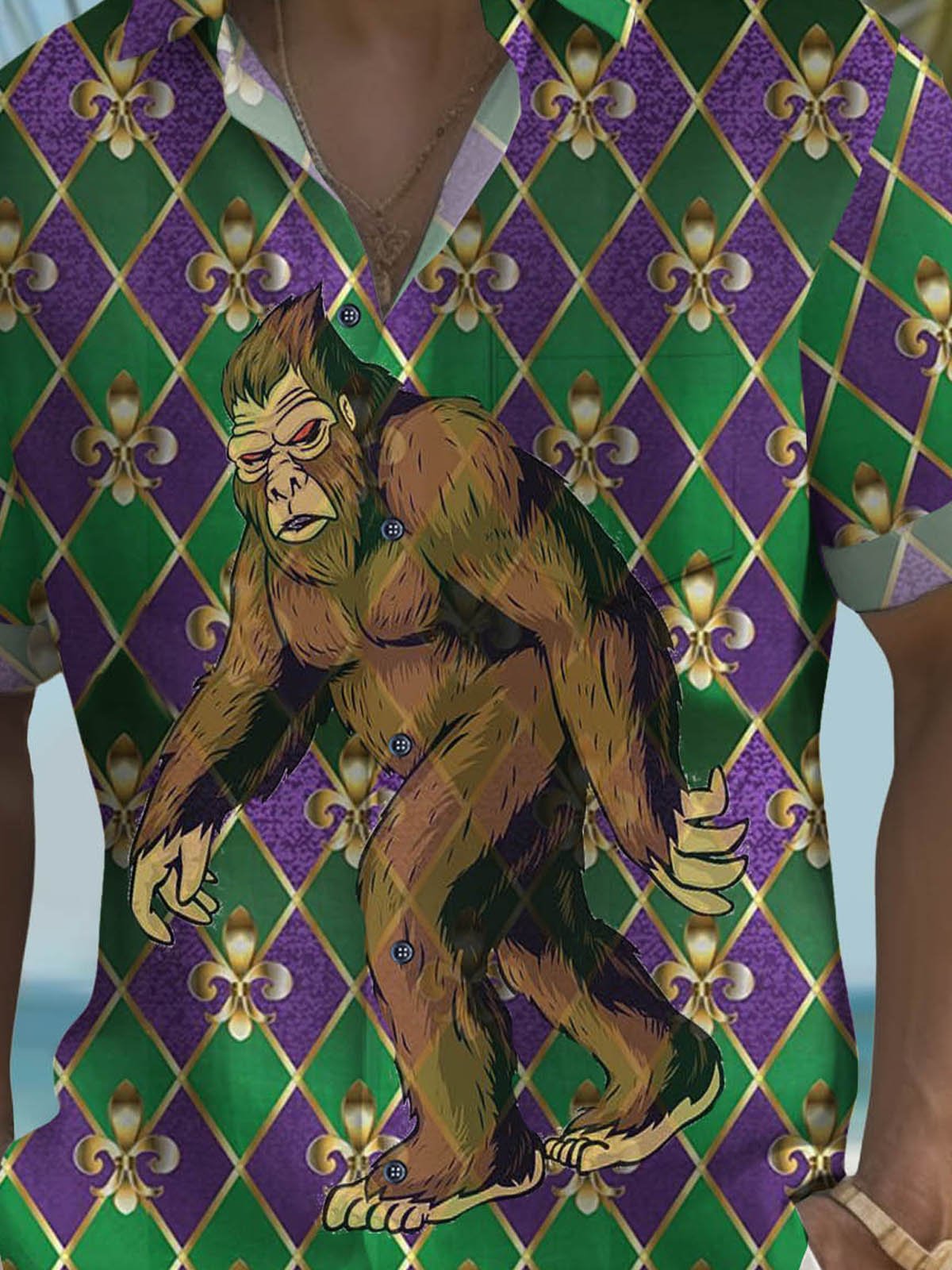 Royaura®  Mardi Gras Fleur De Lis Graphic Bigfoot Button Pocket Short Sleeve Shirt Big & Tall