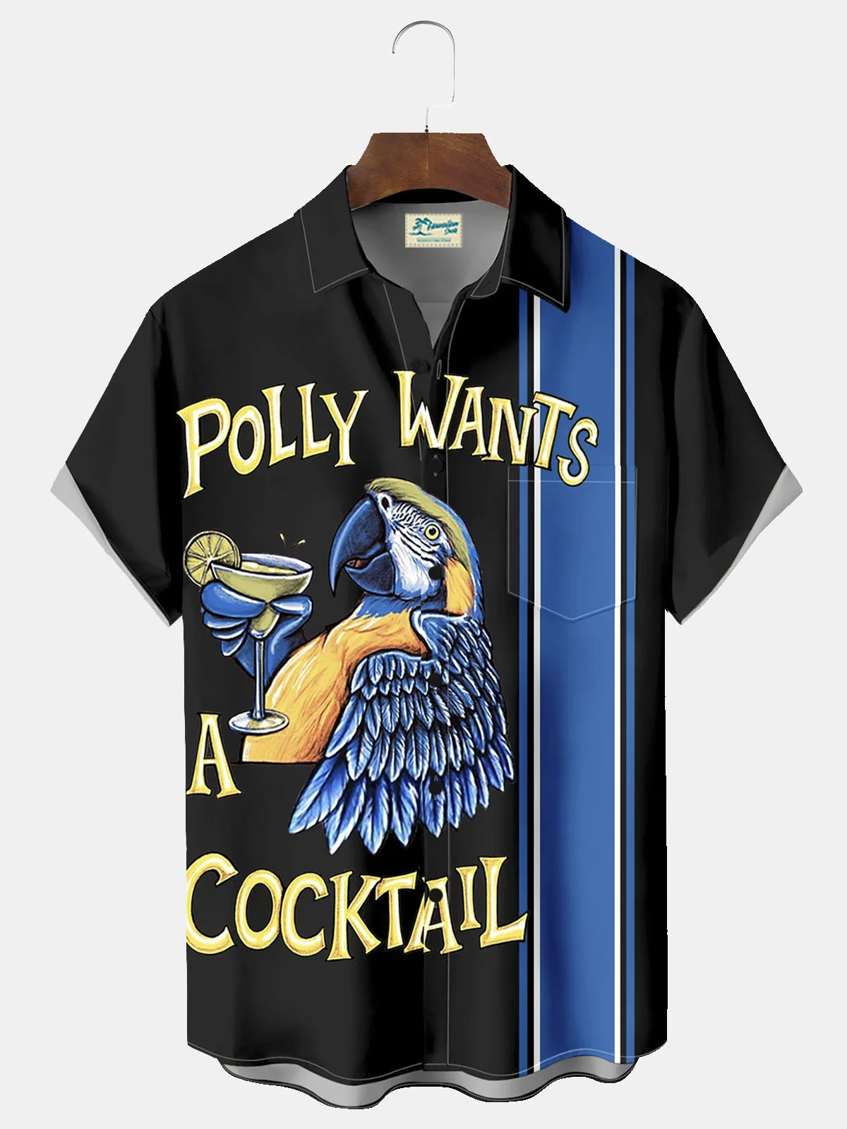 Royaura®  Hawaiian Striped Parrot Drinking Cocktail Button Pocket Short Sleeve Shirt Big & Tall