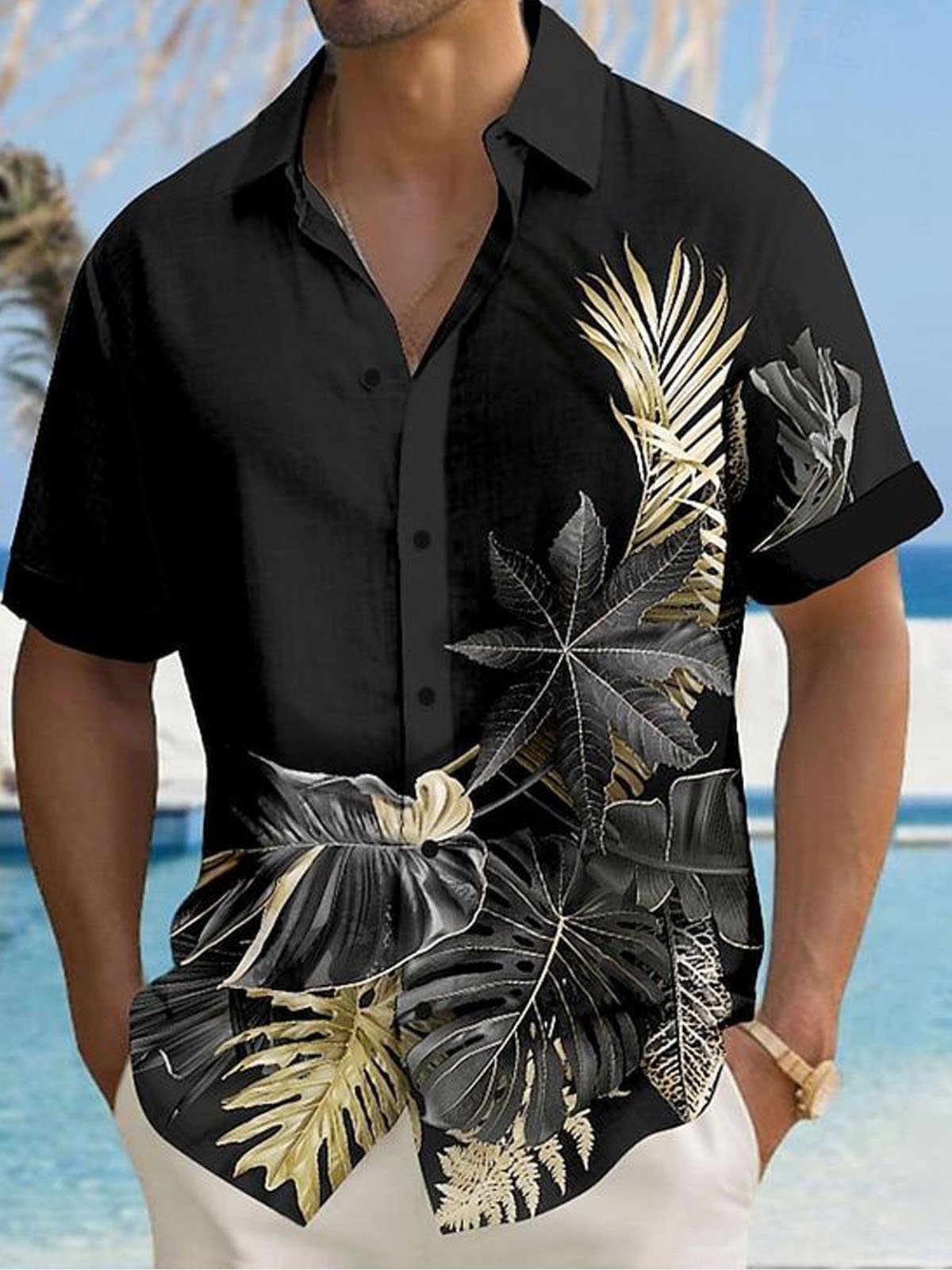 Royaura®  Black Hawaiian Gold Floral Button Pocket Short Sleeve Shirt Big & Tall