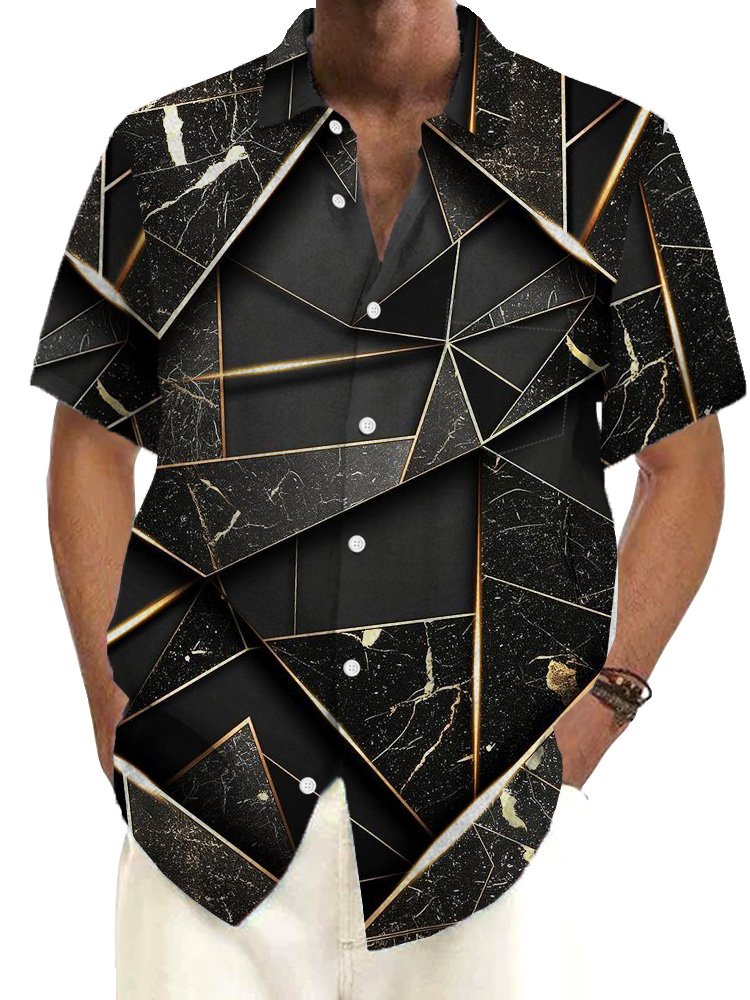 Royaura® Retro Geometric 3D Stereo Art Print Men's Button Pocket Short Sleeve Shirt Big & Tall