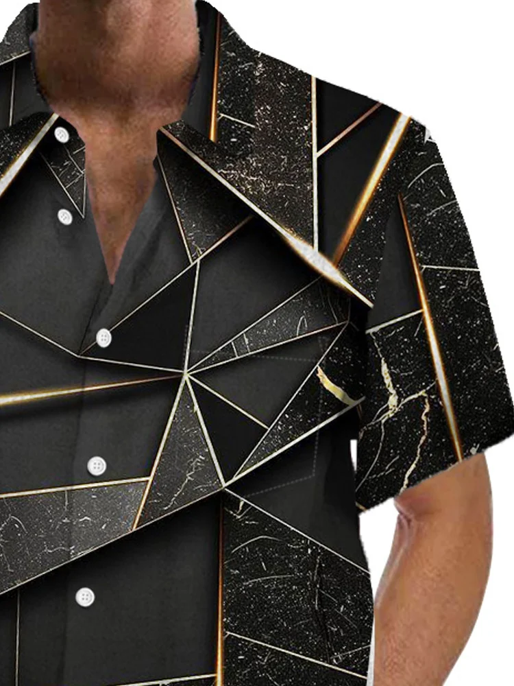 Royaura® Retro Geometric 3D Stereo Art Print Men's Button Pocket Short Sleeve Shirt Big & Tall