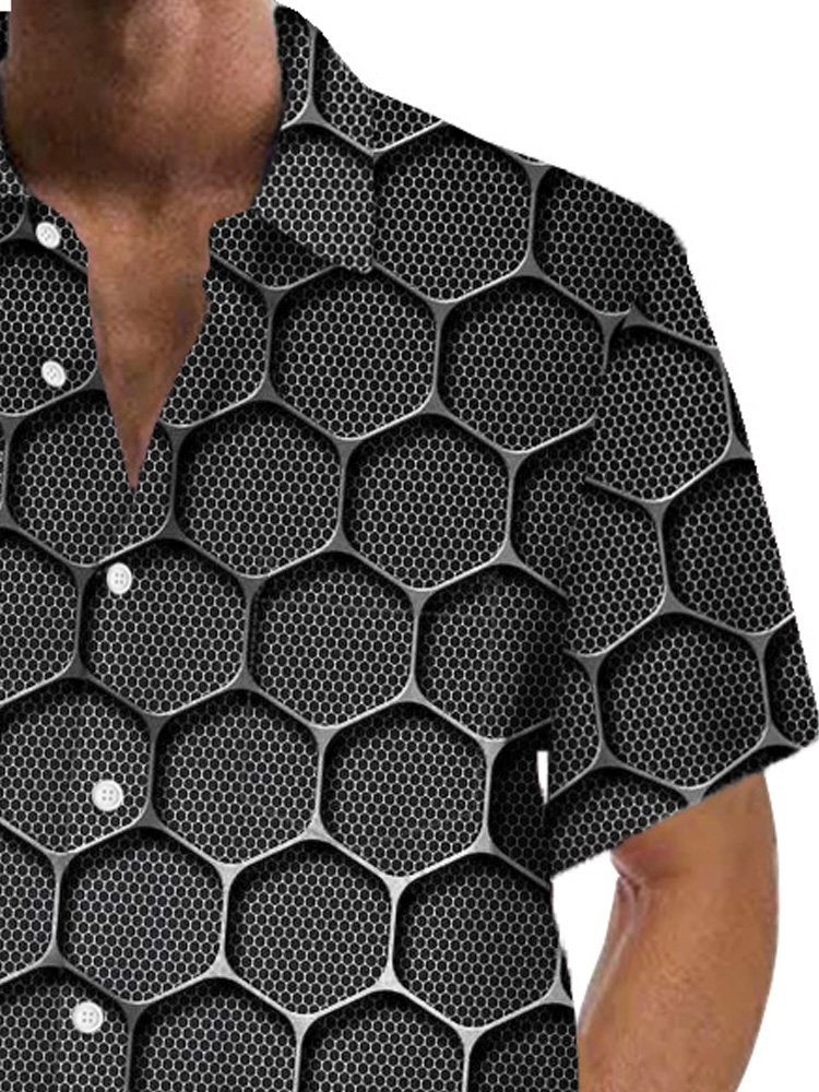 Royaura® Retro Geometric 3D Printed Men's Button Pocket Short Sleeve Shirt Big & Tall