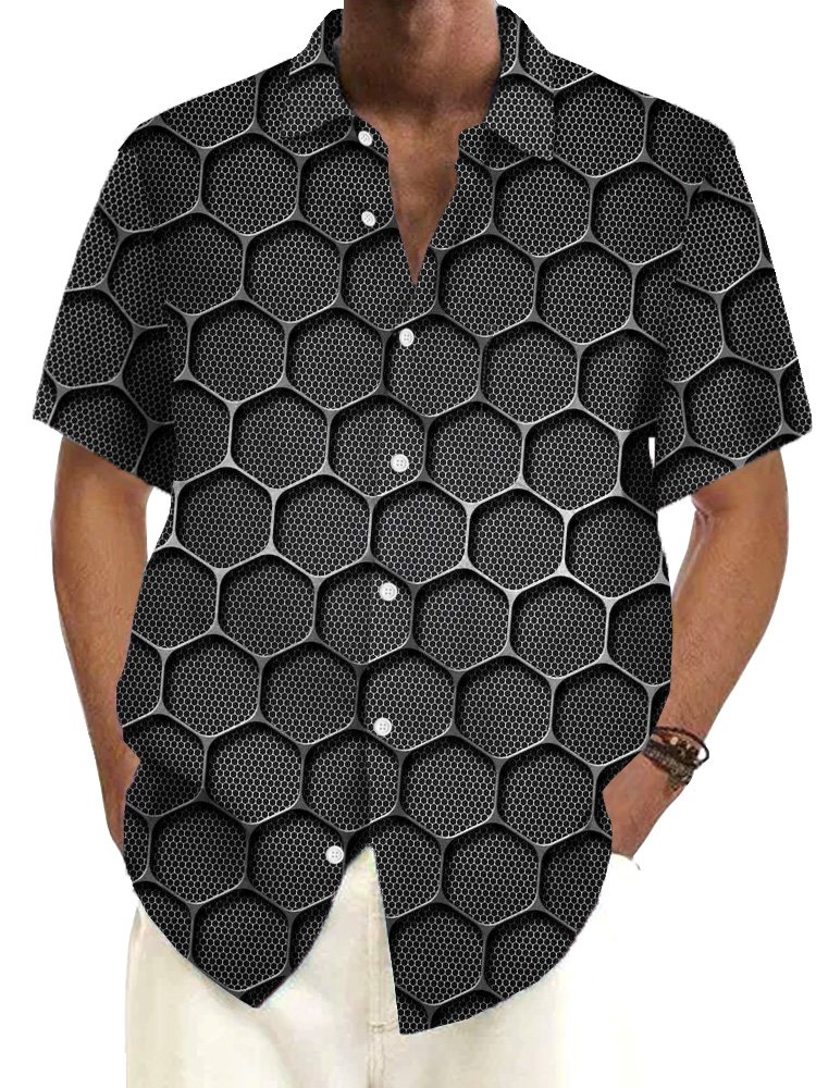 Royaura® Retro Geometric 3D Printed Men's Button Pocket Short Sleeve Shirt Big & Tall