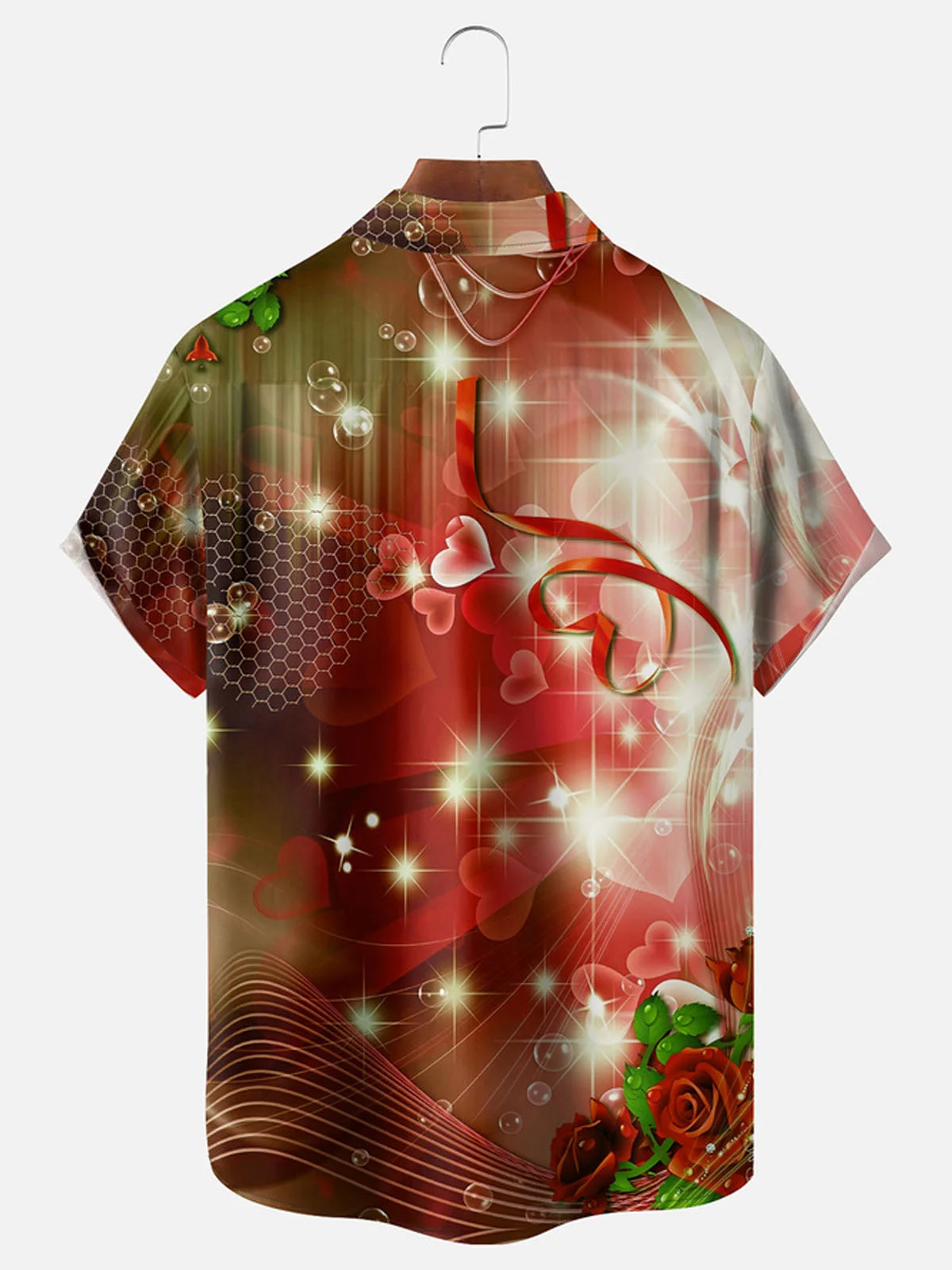 Royaura®  Valentine's Day Love Rose Mood Print Button Pocket Short Sleeve Shirt Big & Tall