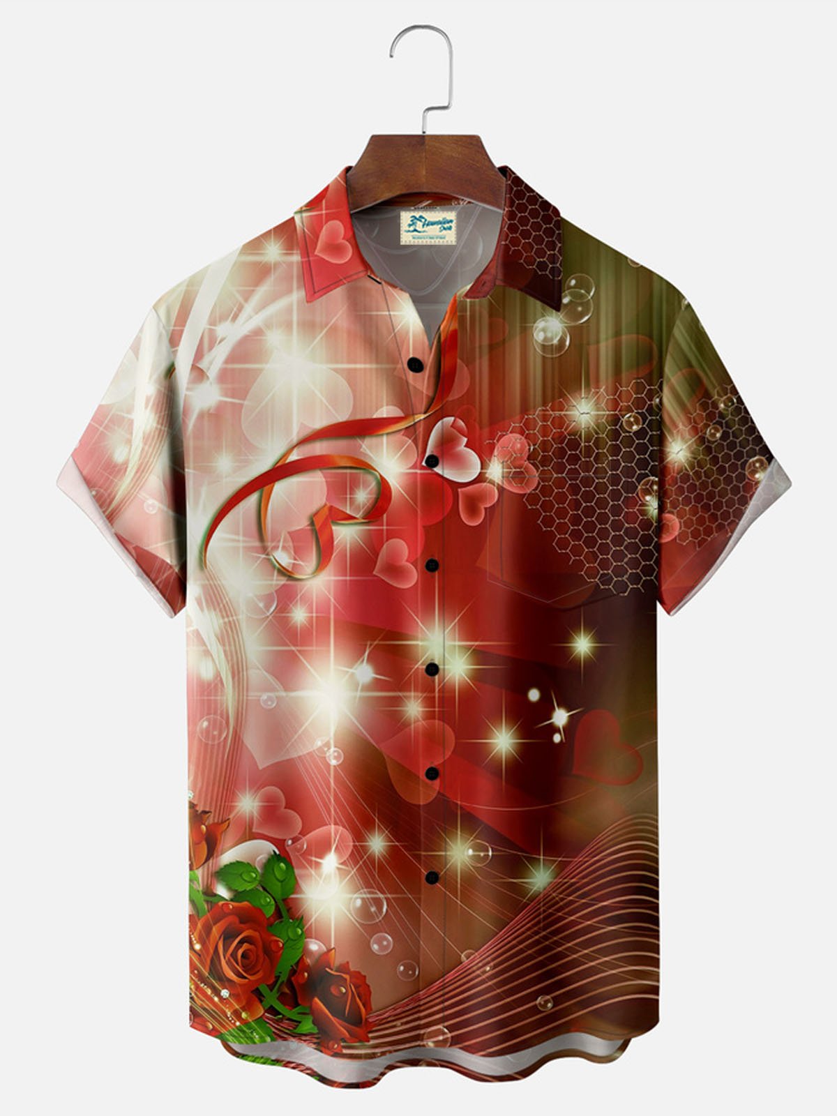 Royaura®  Valentine's Day Love Rose Mood Print Button Pocket Short Sleeve Shirt Big & Tall