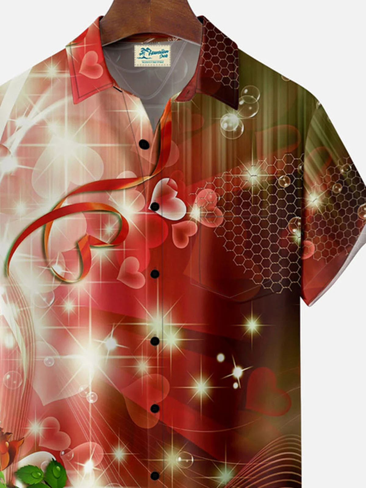 Royaura®  Valentine's Day Love Rose Mood Print Button Pocket Short Sleeve Shirt Big & Tall