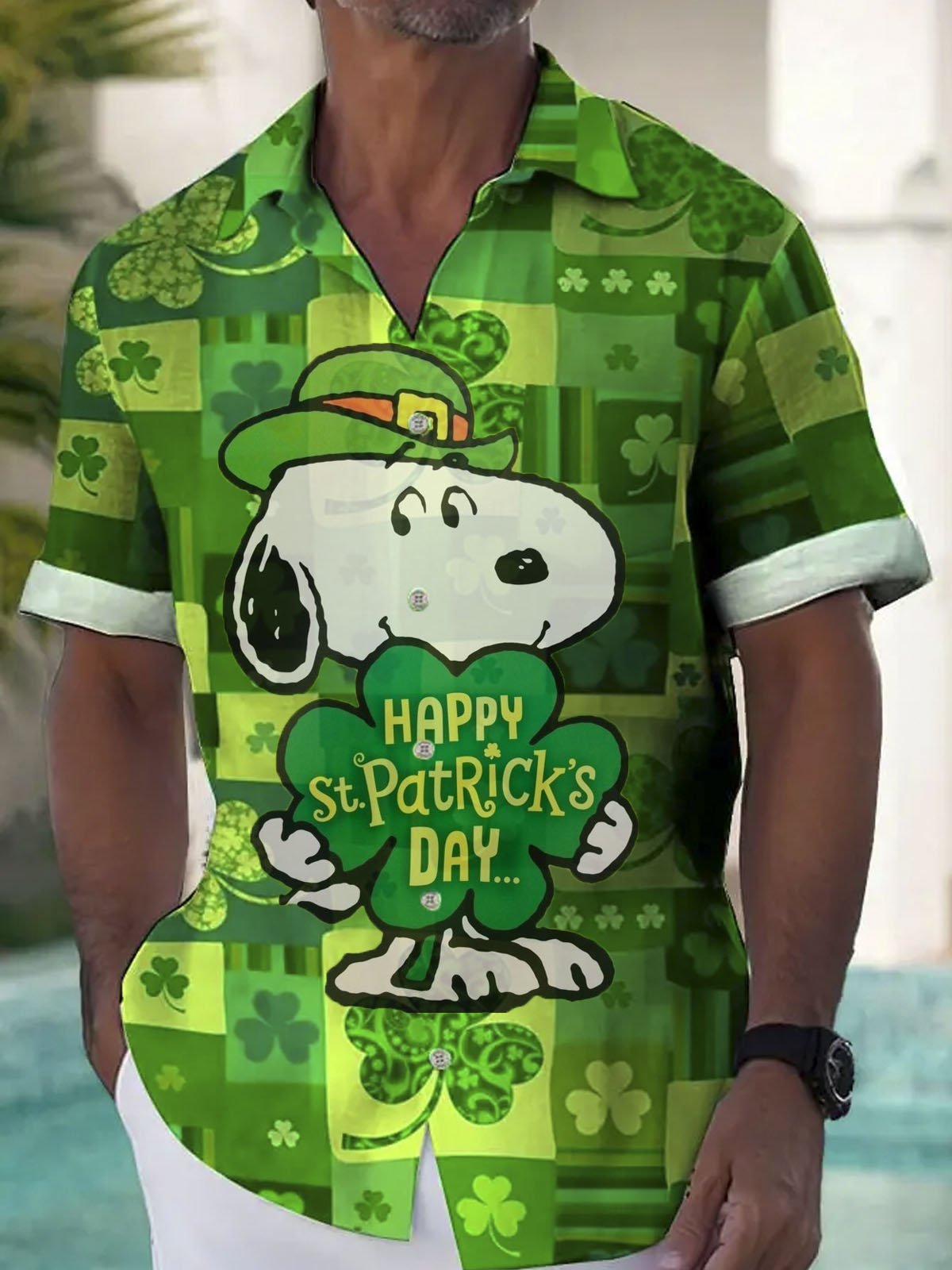 Royaura®  St. Patrick's Four Leaf Clover Playing with Slippy Button Pocket Short Sleeve Shirt Big & Tall