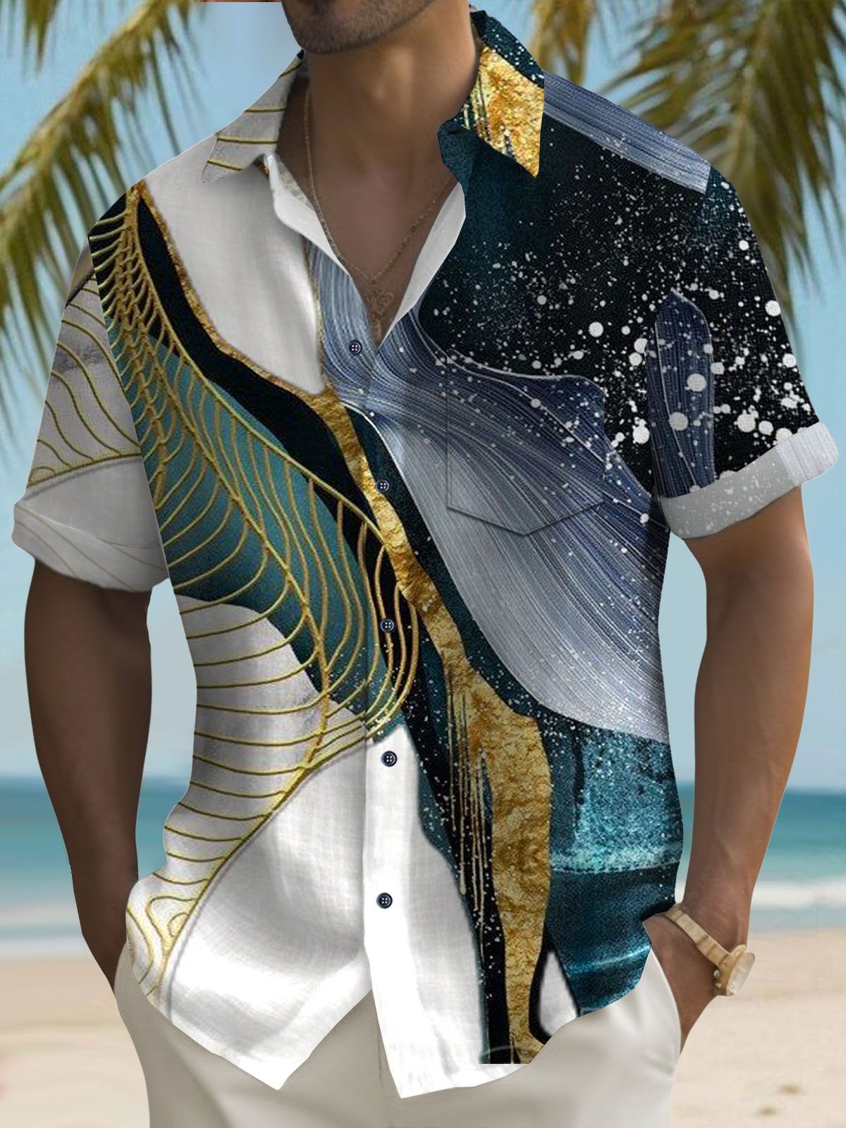 Royaura®  Hawaiian Gold Ocean Gradient Button Pocket Short Sleeve Shirt Big & Tall