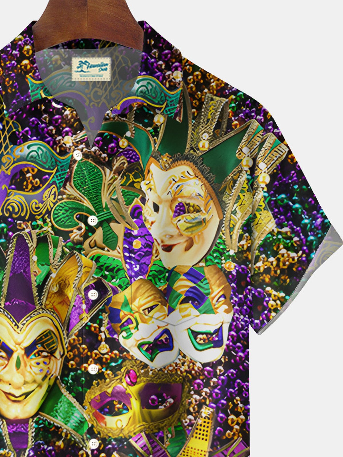 Royaura® Mardi Gras Mask Beads Print Men's Button Pocket Short Sleeve Shirt Big & Tall