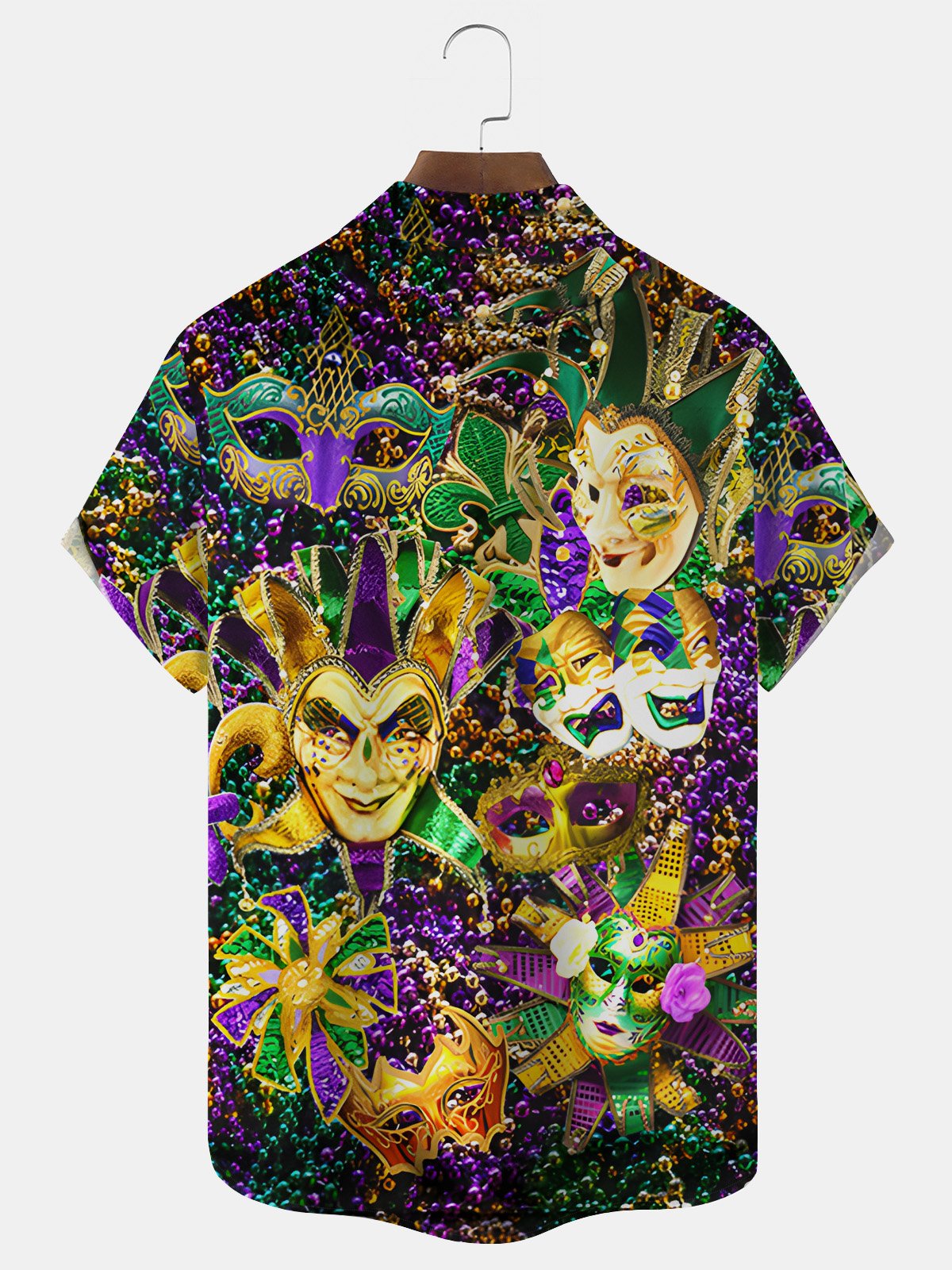 Royaura® Mardi Gras Mask Beads Print Men's Button Pocket Short Sleeve Shirt Big & Tall