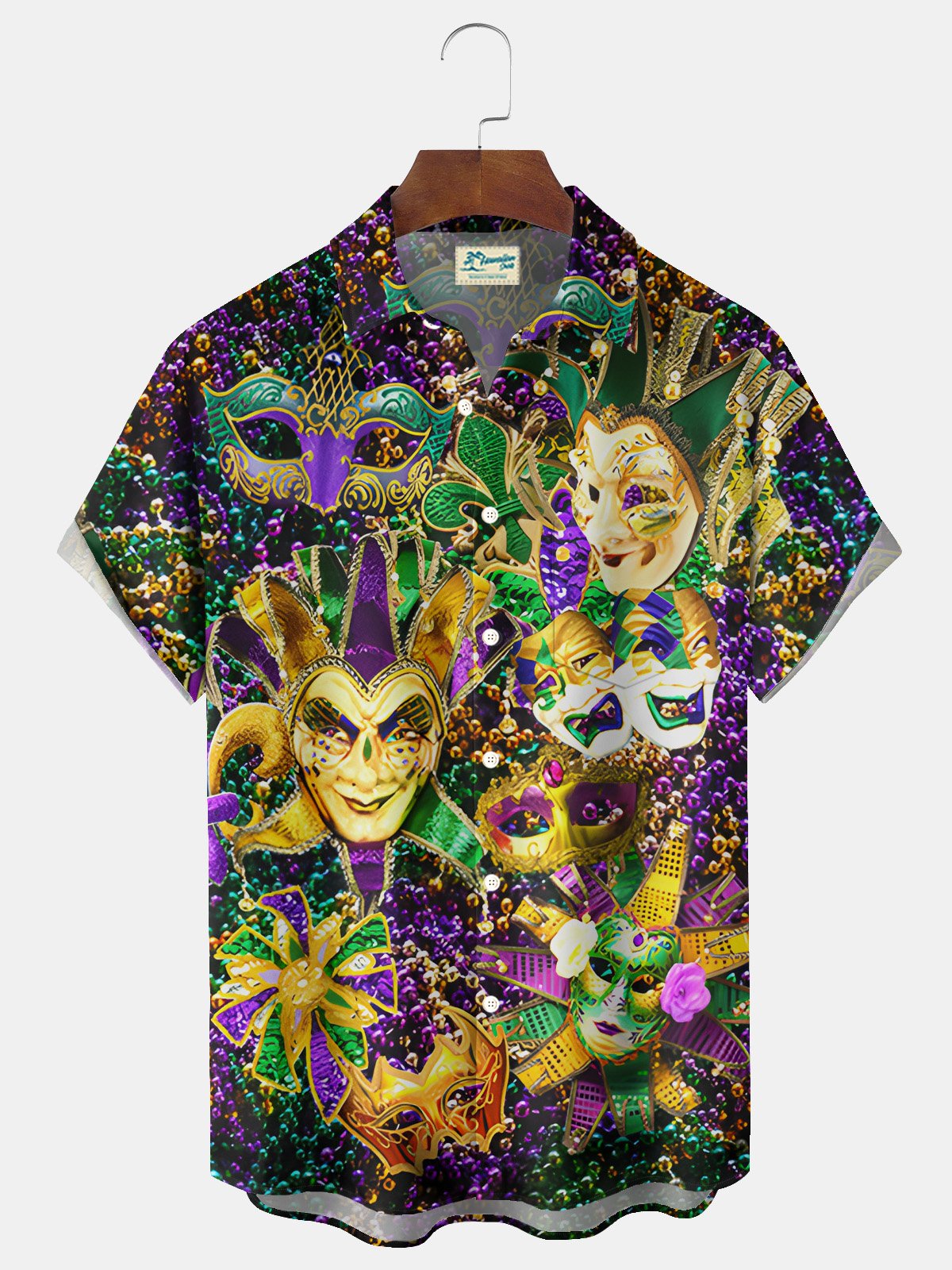 Royaura® Mardi Gras Mask Beads Print Men's Button Pocket Short Sleeve Shirt Big & Tall