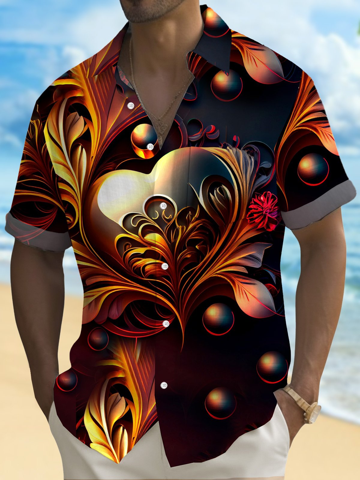 Royaura® Valentine's Day Heart Gold Stamping Men's Button Pocket Short Sleeve Shirt Big & Tall