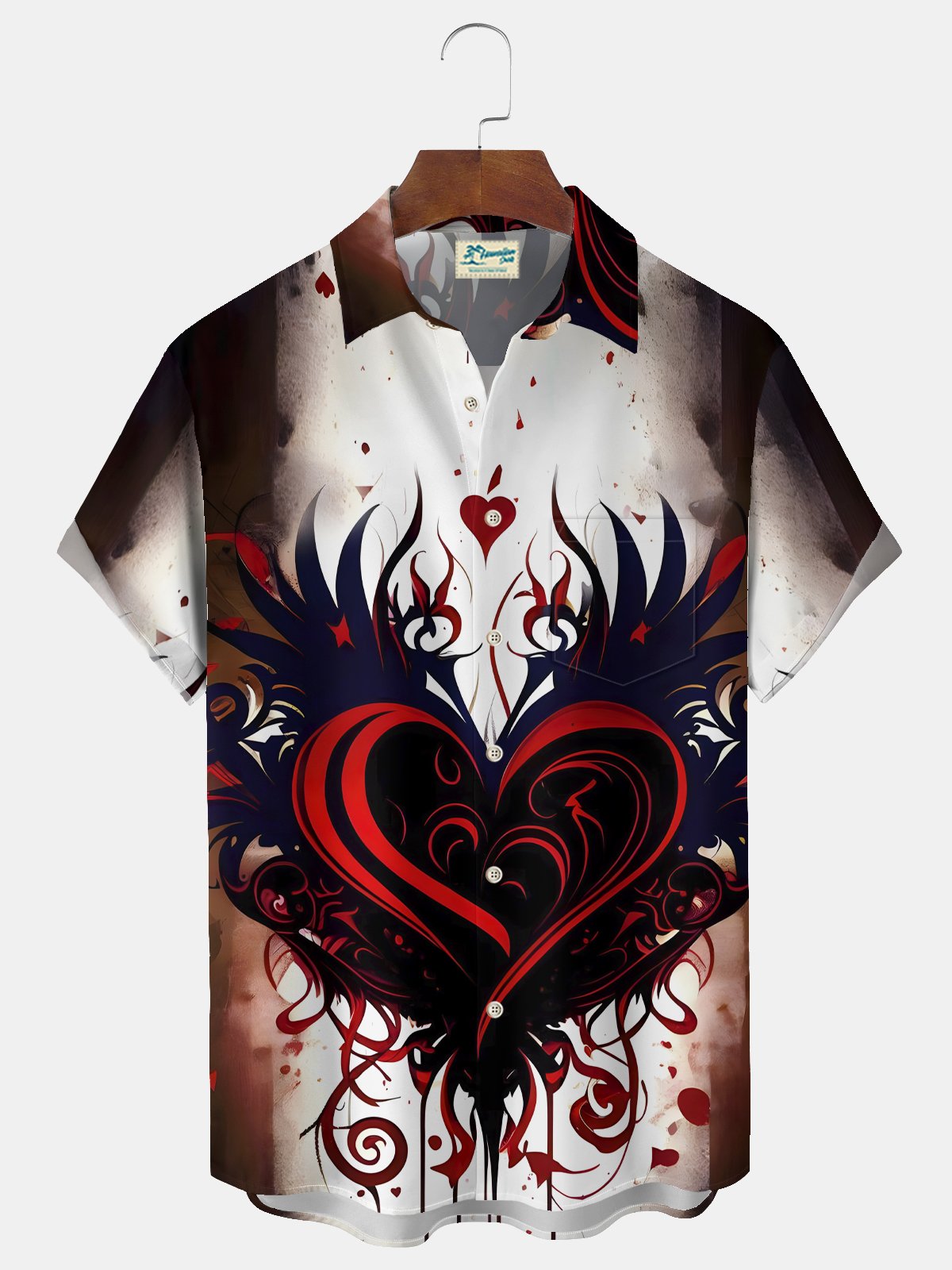 Royaura® Valentine's Day Heart Print Men's Chest Pocket Stretch Hawaiian Shirt Big Tall