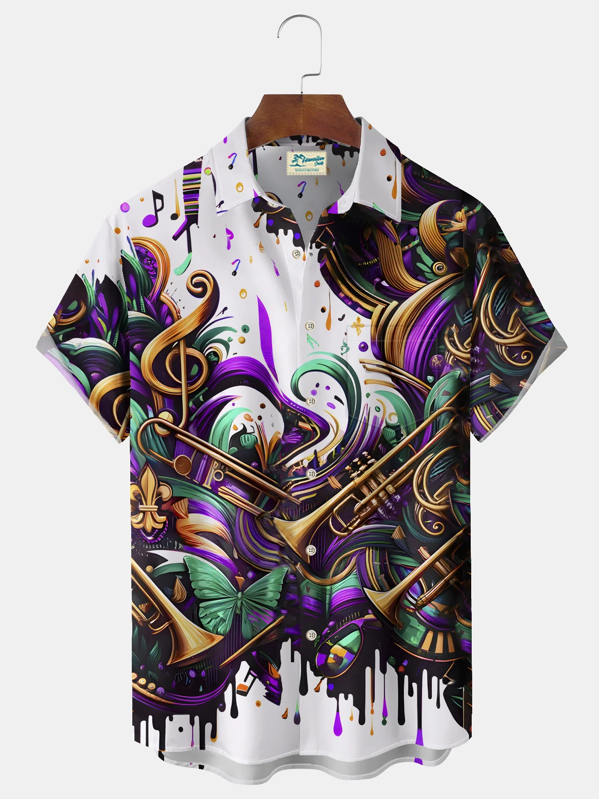 Royaura® Mardi Gras Music Print Men's Chest Pocket Stretch Hawaiian Shirt Big Tall