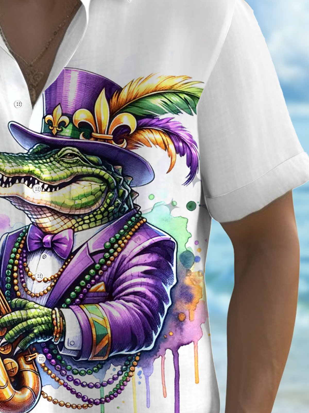 Royaura® Mardi Gras Alligator Jazz Music 3D Digital Print Men's Button Pocket Short Sleeve Shirt Big & Tall