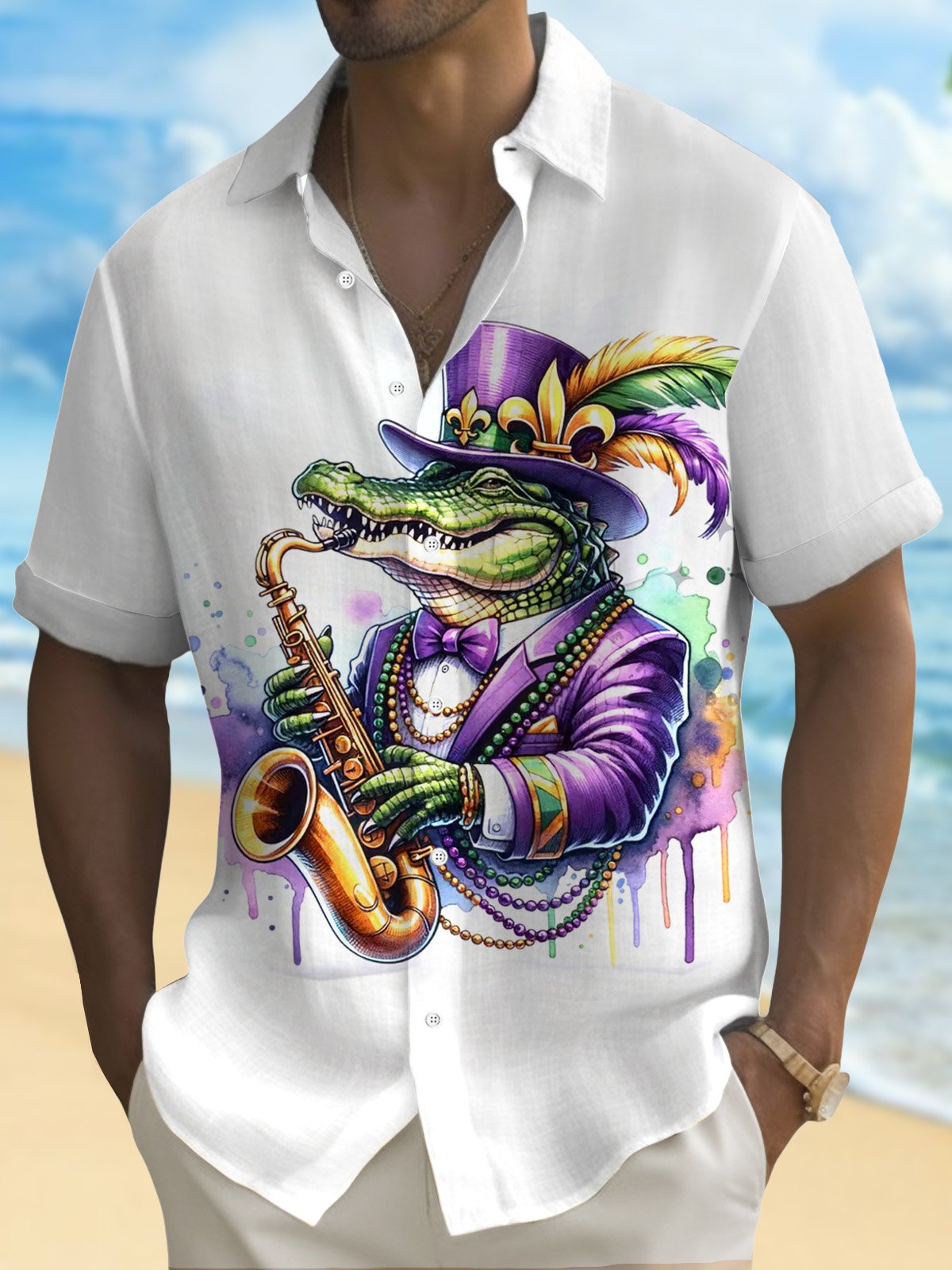 Royaura® Mardi Gras Alligator Jazz Music 3D Digital Print Men's Button Pocket Short Sleeve Shirt Big & Tall