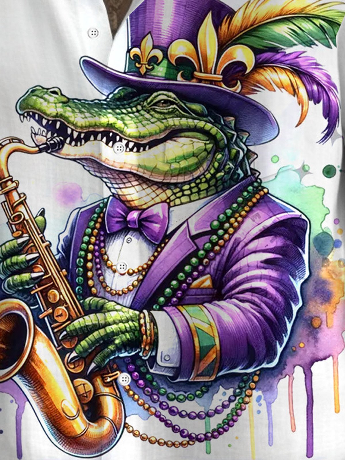 Royaura® Mardi Gras Alligator Jazz Music 3D Digital Print Men's Button Pocket Short Sleeve Shirt Big & Tall