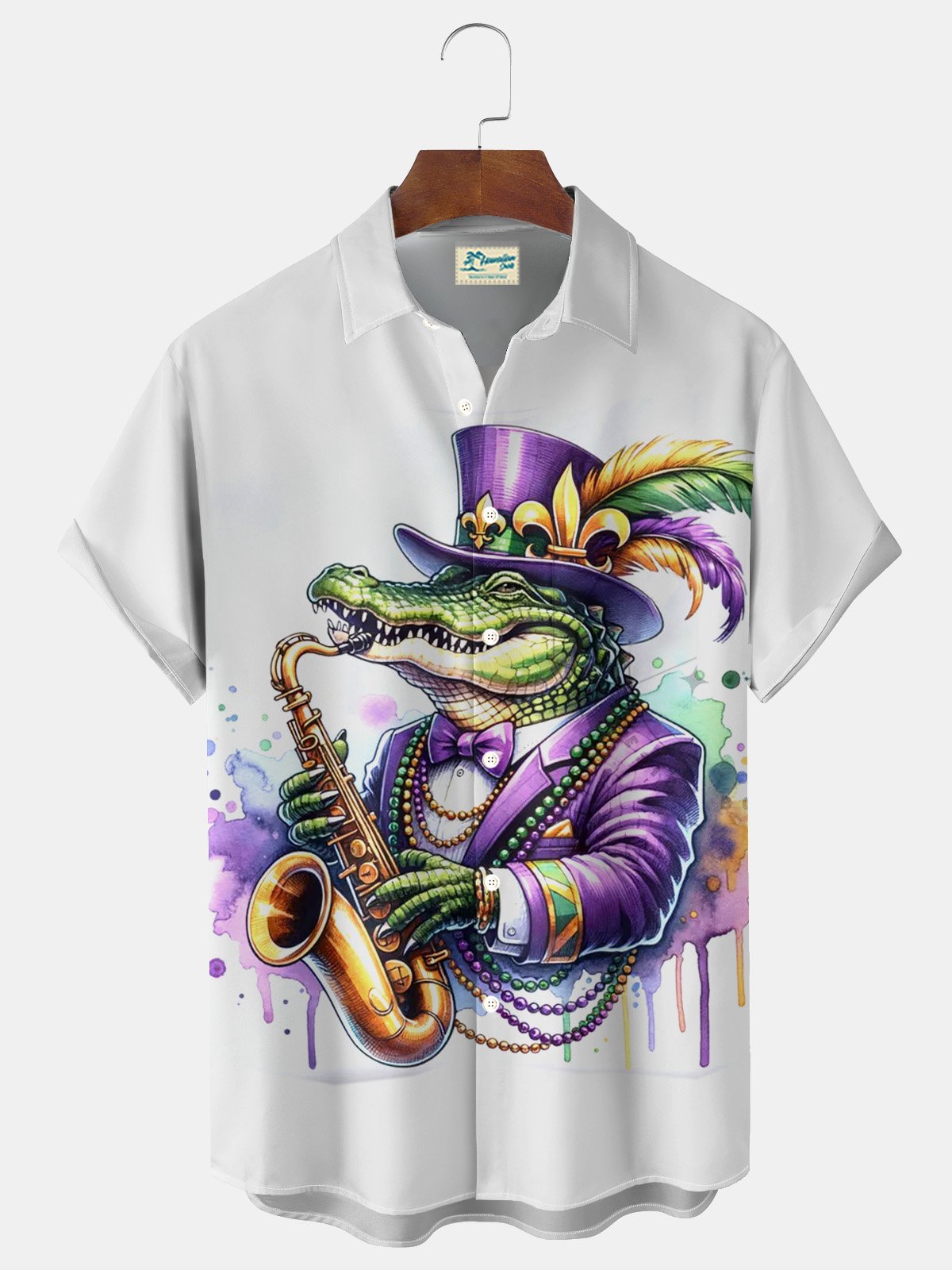 Royaura® Mardi Gras Alligator Jazz Music 3D Digital Print Men's Button Pocket Short Sleeve Shirt Big & Tall